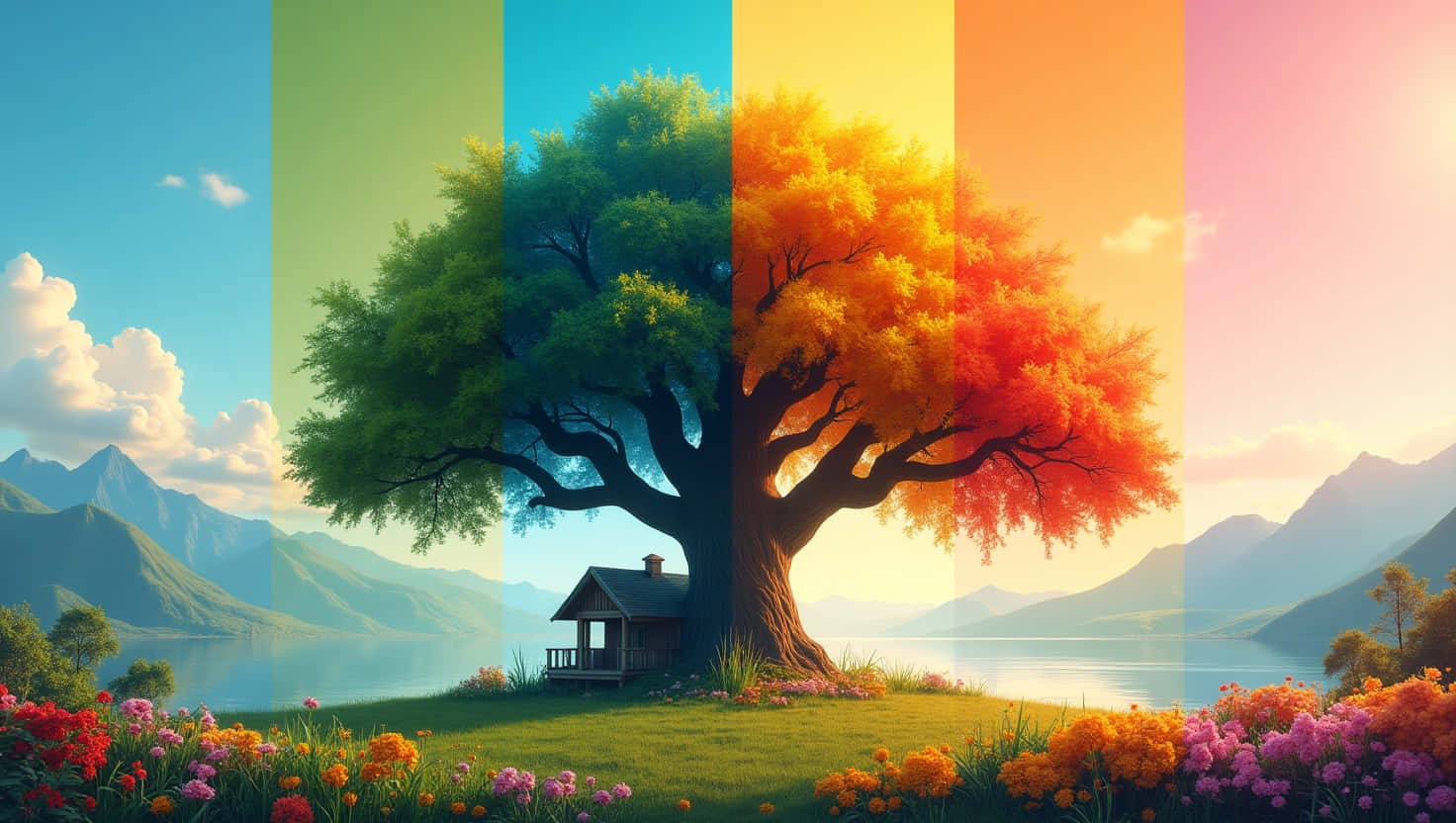 rainbow gradient trunk, cabin, lakeside hill, HD Desktop Wallpaper