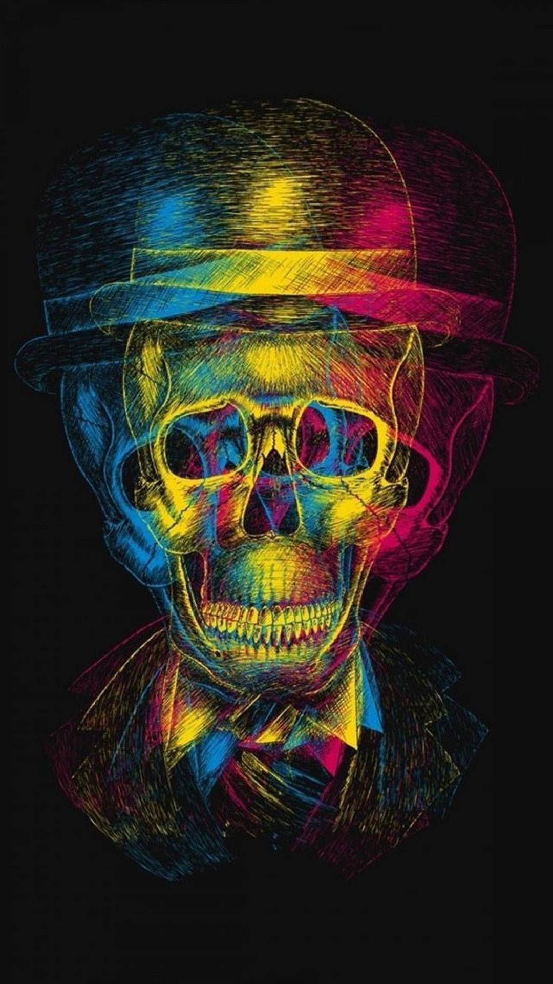 colorful skull, fedora hat, bowler hat, Full HD Phone Wallpaper