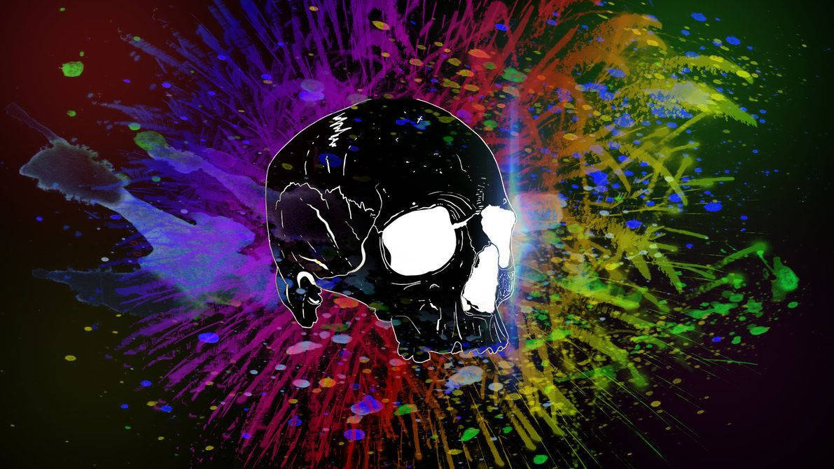 colorful skull, glowing white eyes, multicolored paint splatters, SD Desktop Wallpaper