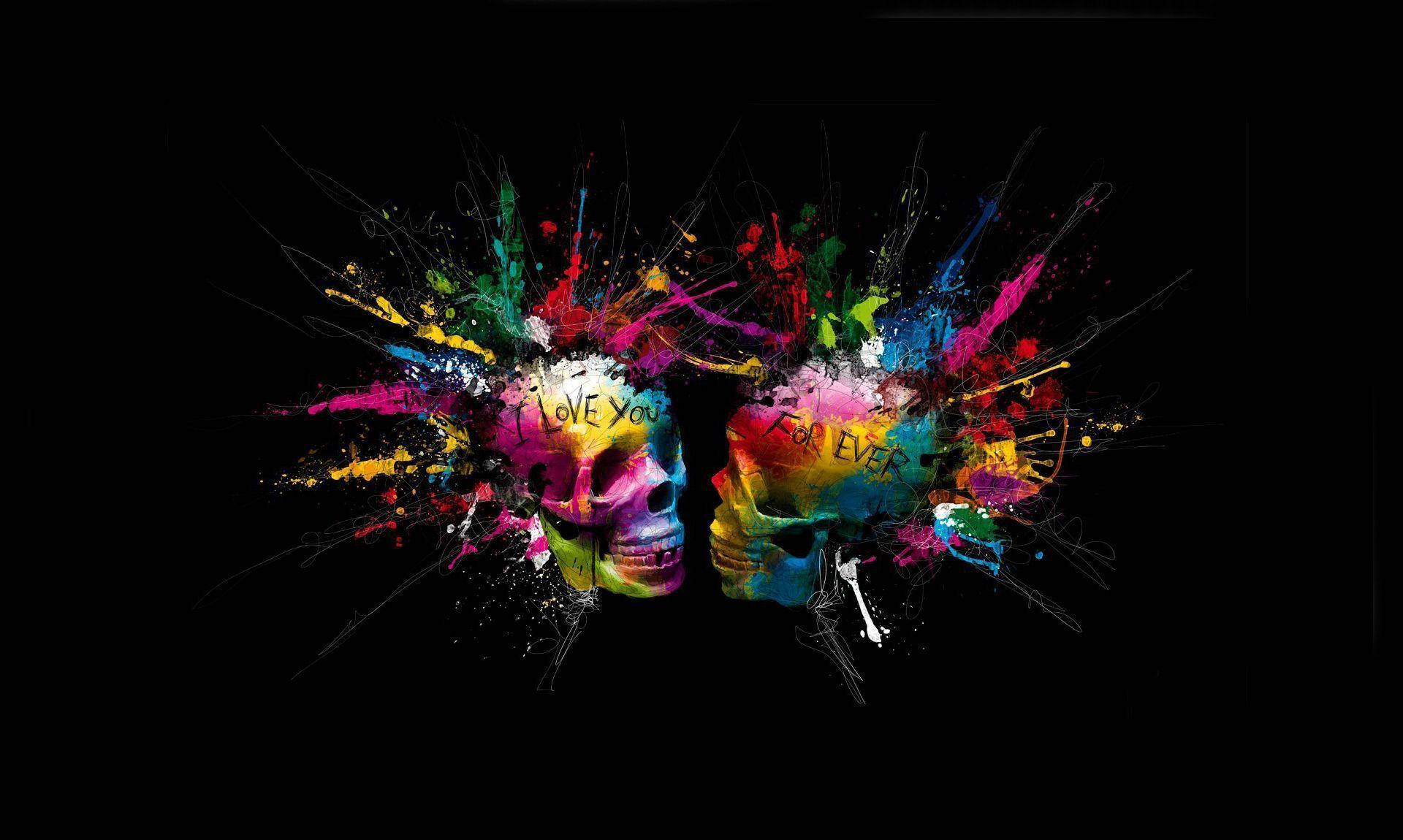 Colorful Skull I Love You Forever, black background, vibrant paint splatters, Full HD Desktop Wallpaper