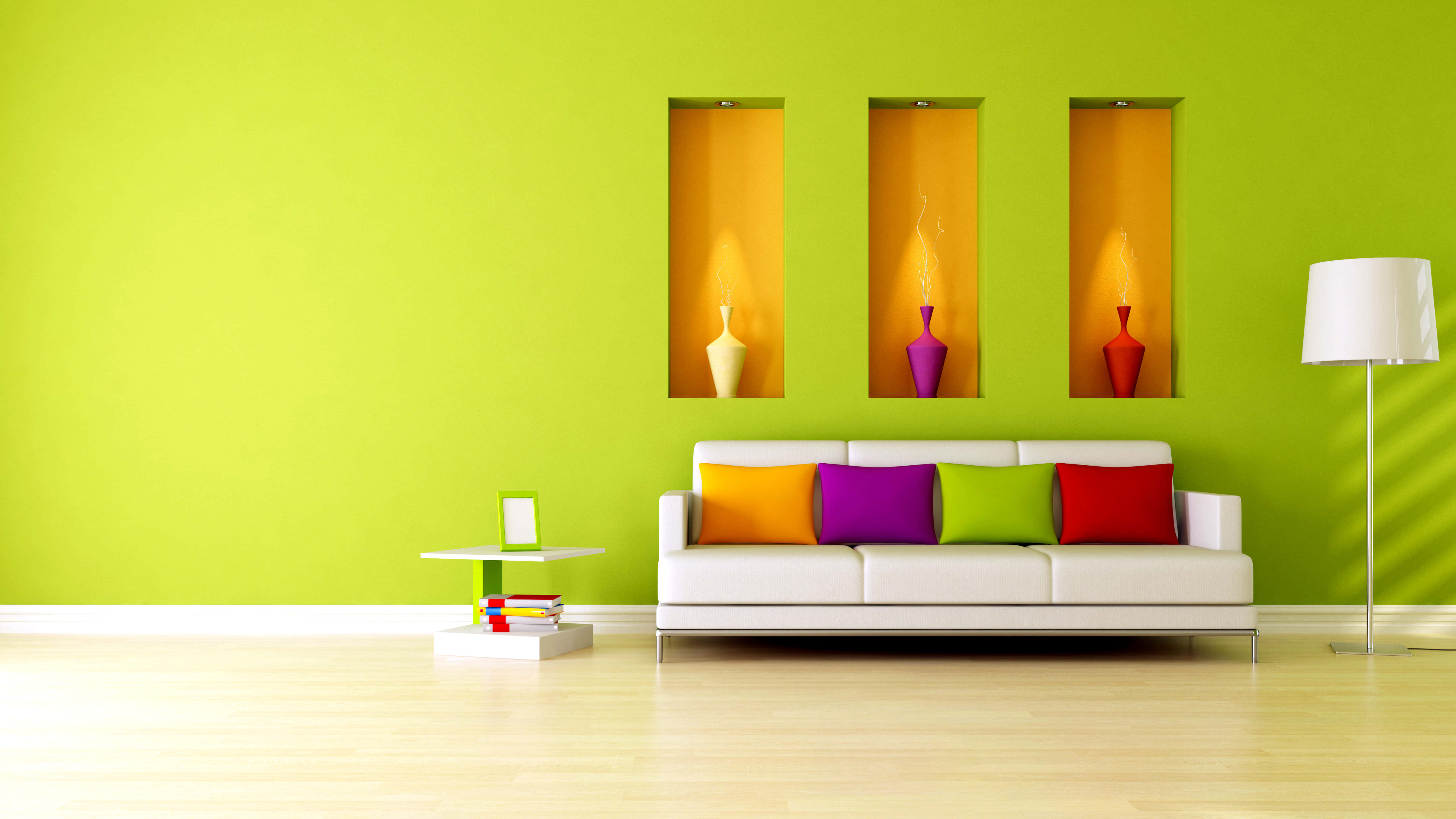 lime green wall, white sofa, colorful pillows, 4K Desktop Wallpaper