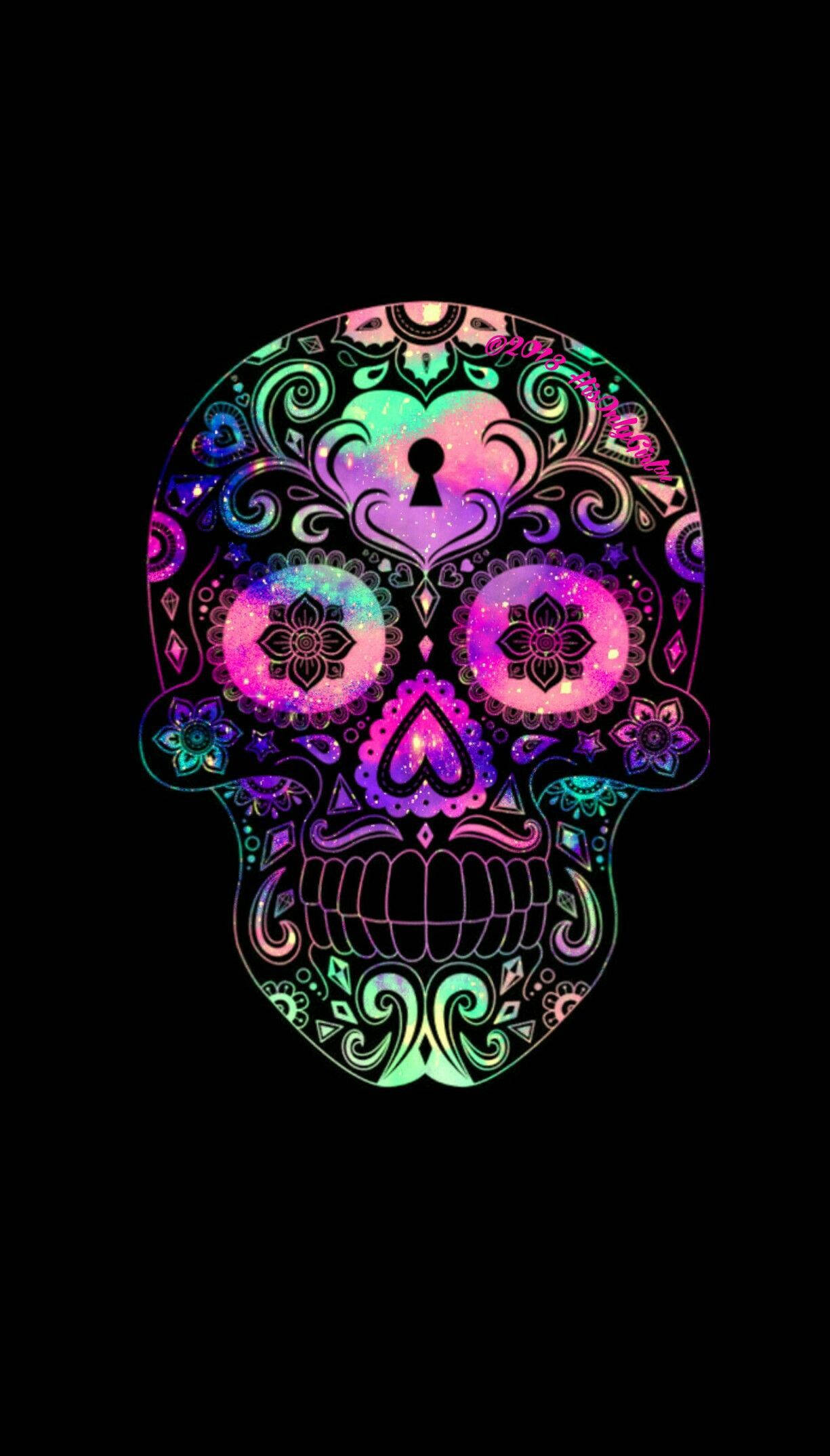neon sugar skull, glittering floral patterns, heart-shaped keyhole, Full HD Phone Wallpaper
