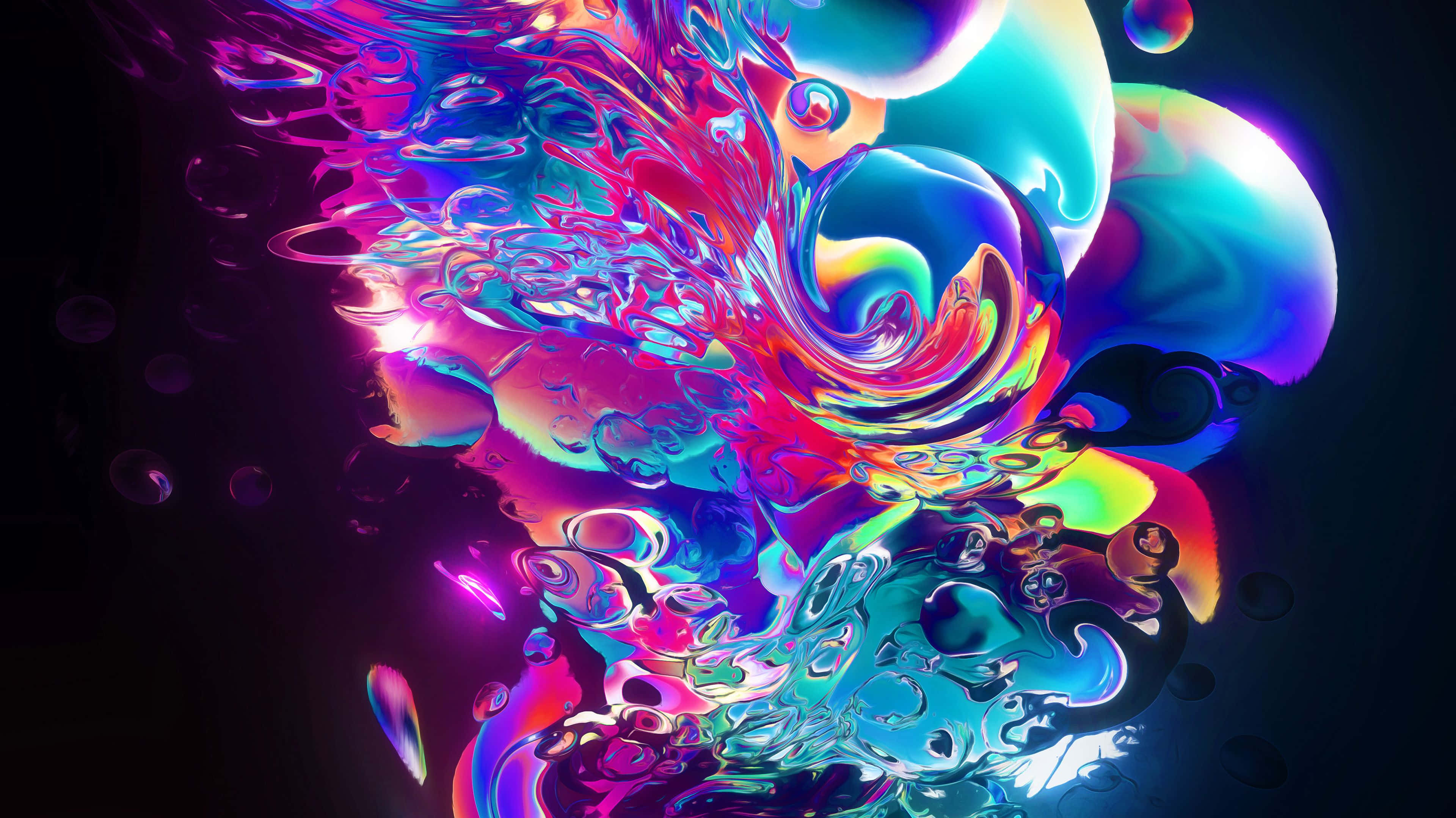 neon liquid swirls, glowing bubbles, dark background, 4K Desktop Wallpaper