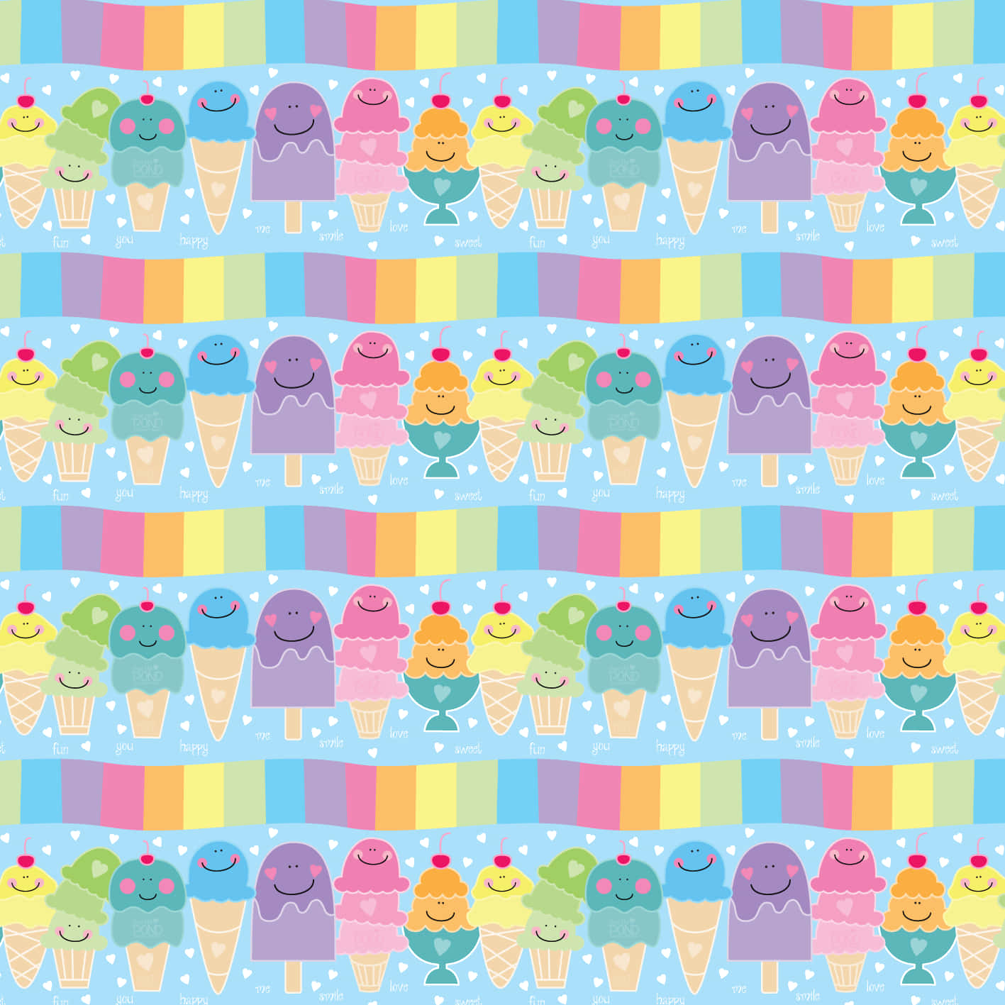 rainbow cute ice cream with smiley faces, smiling cartoon ice cream cones, popsicles, HD Desktop Wallpaper