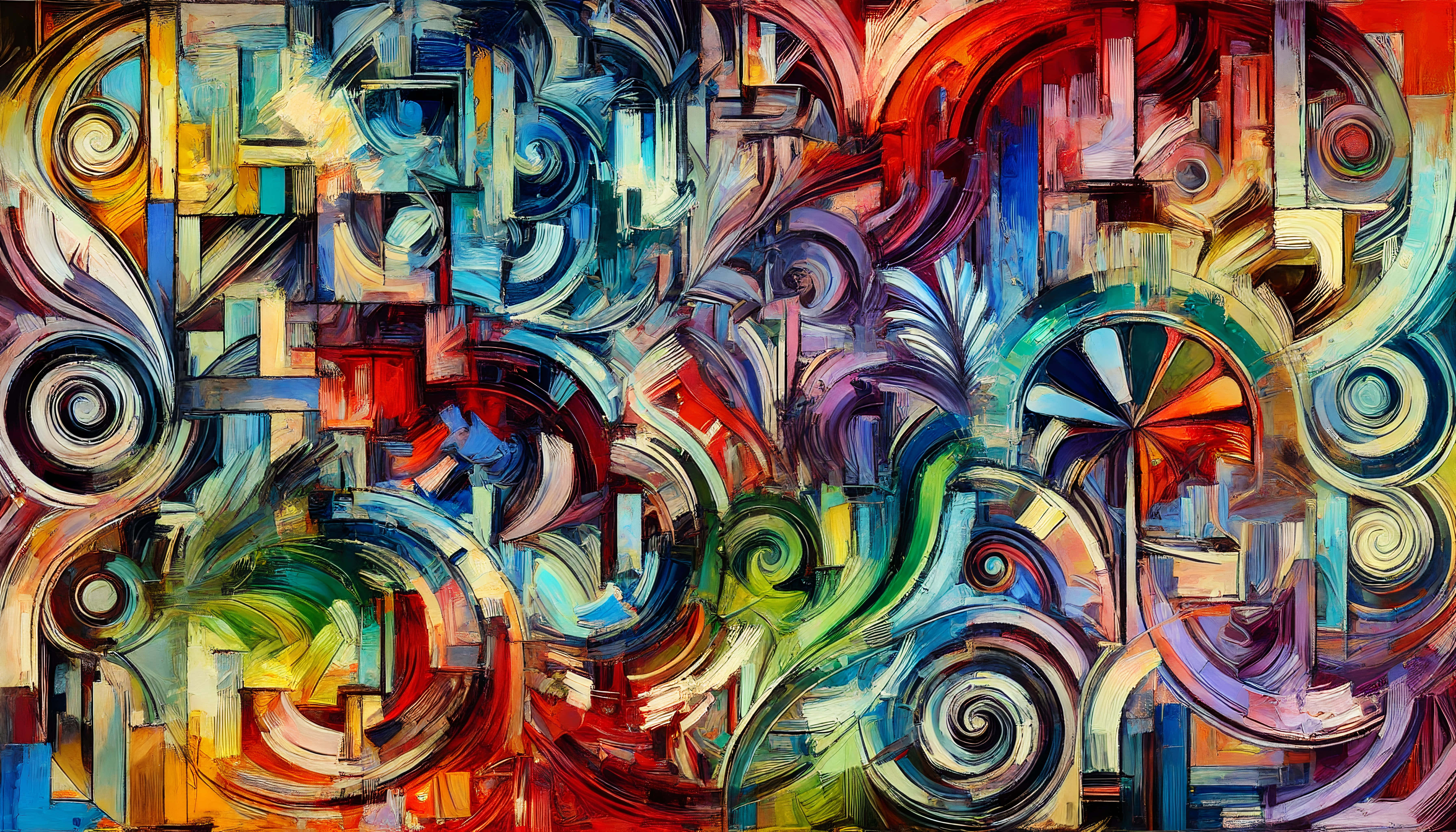 vibrant abstract painting, swirling spirals, geometric shapes, 5K Desktop Wallpaper