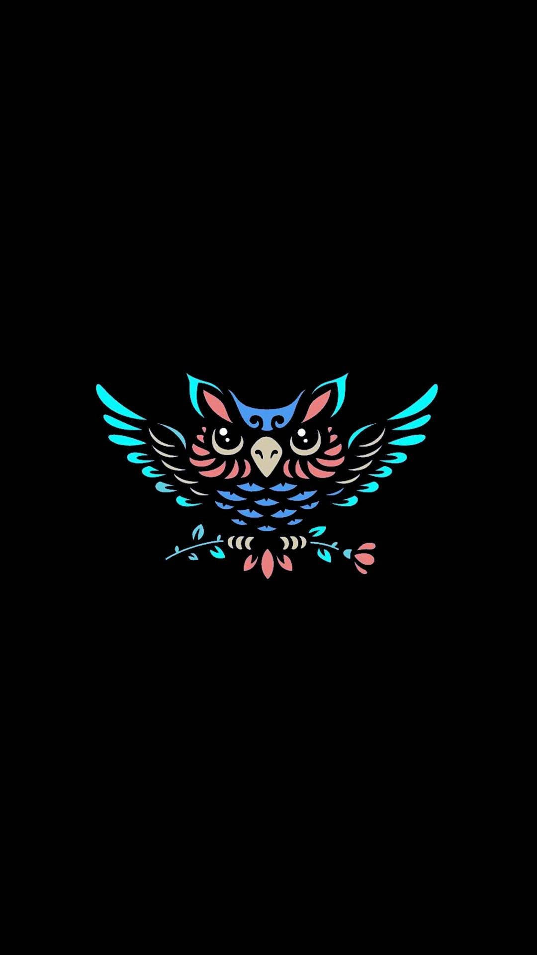 colorful owl logo, blue and pink feathers, branch, Full HD Phone Wallpaper
