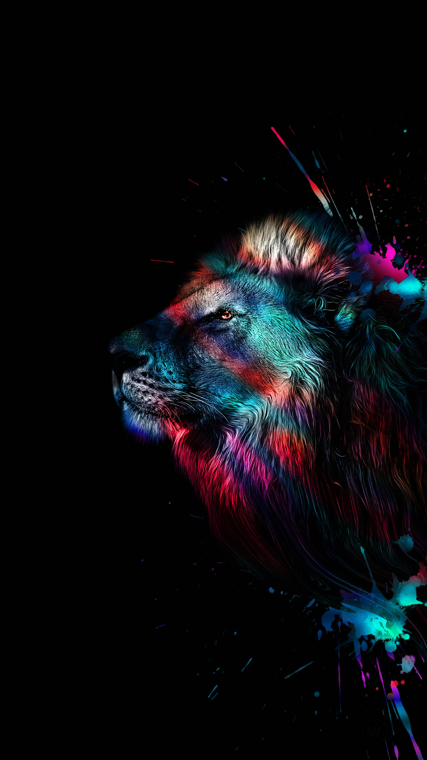 lion head, neon colors, black background, 2K Phone Wallpaper