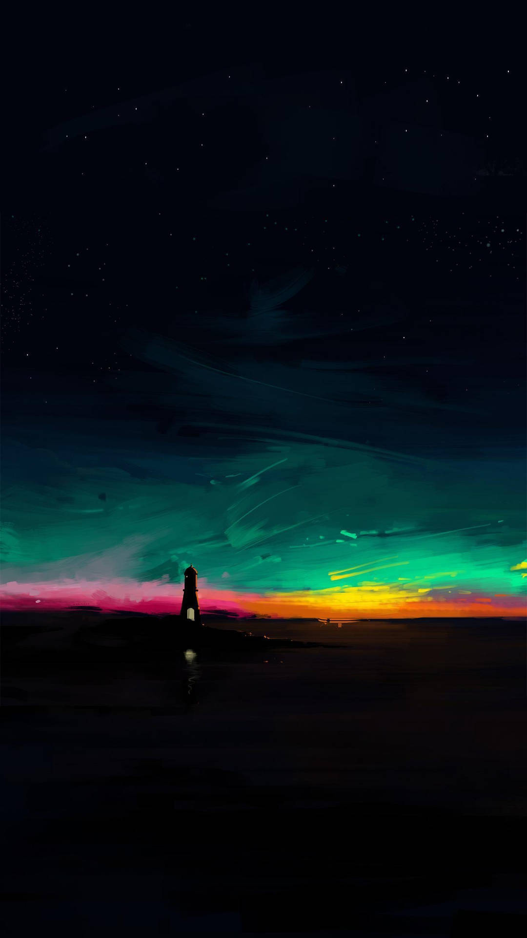 lighthouse, dark shore, aurora borealis, Full HD Phone Wallpaper