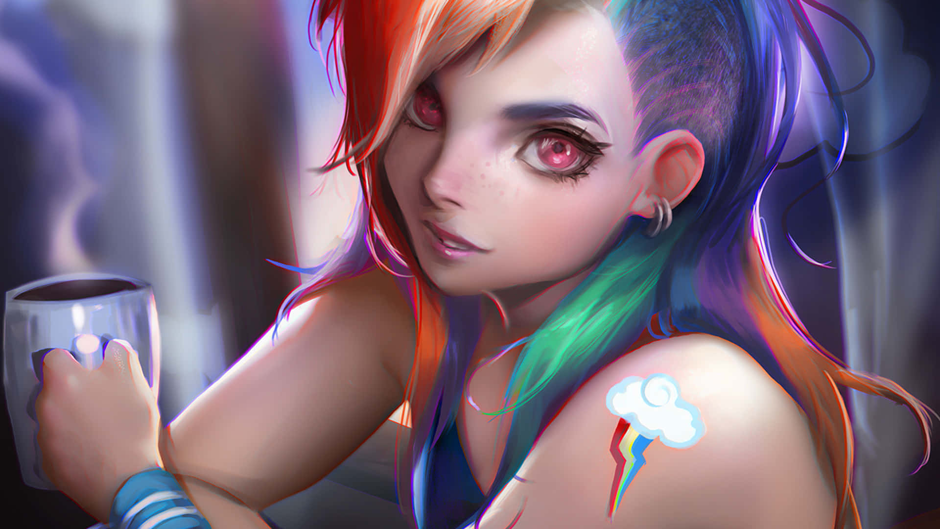 Canadian Artish Colorful Anime, rainbow hair, red eyes, Full HD Desktop Wallpaper