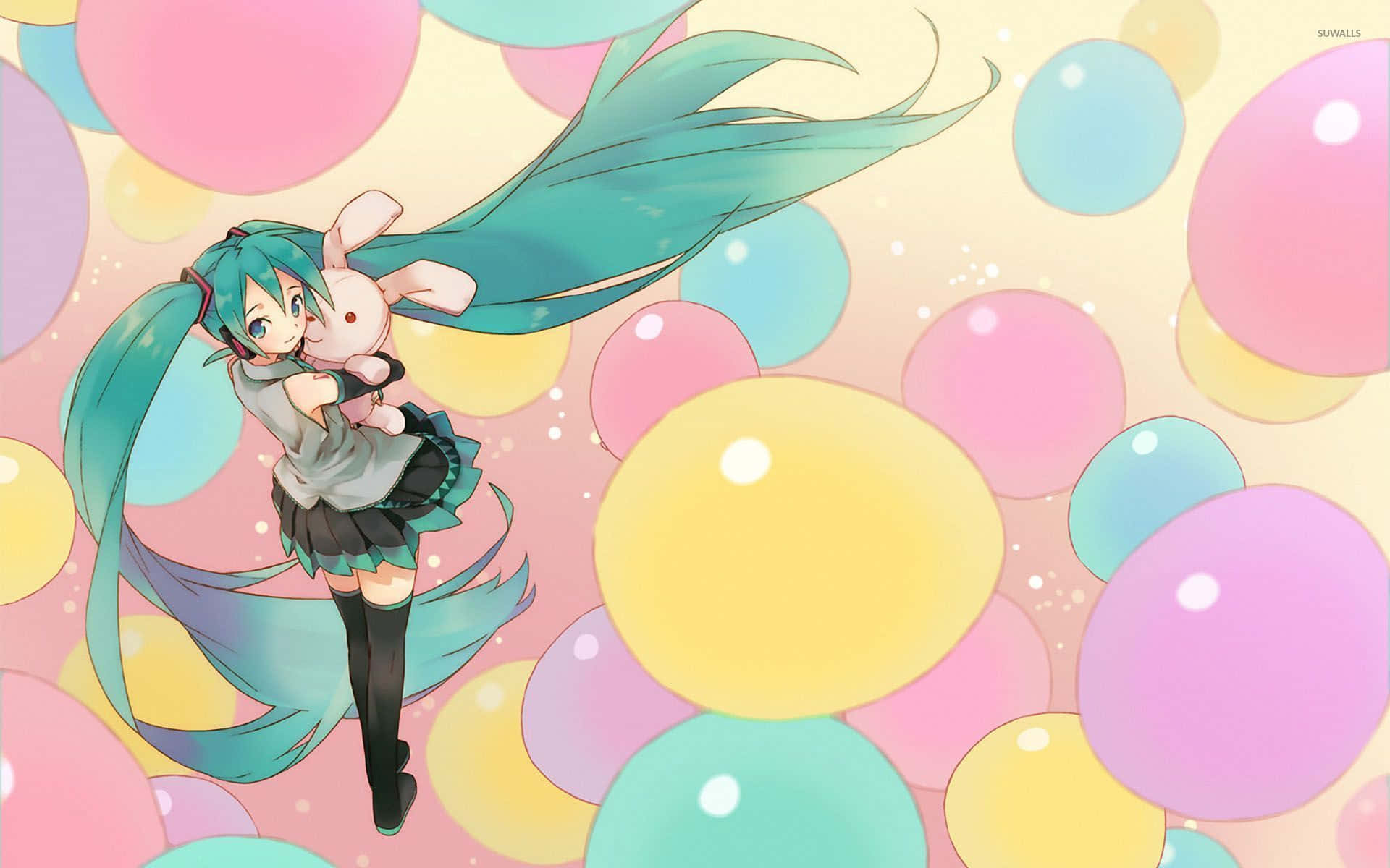 Anime girl, turquoise twin tails, bunny plush, Full HD Desktop Wallpaper