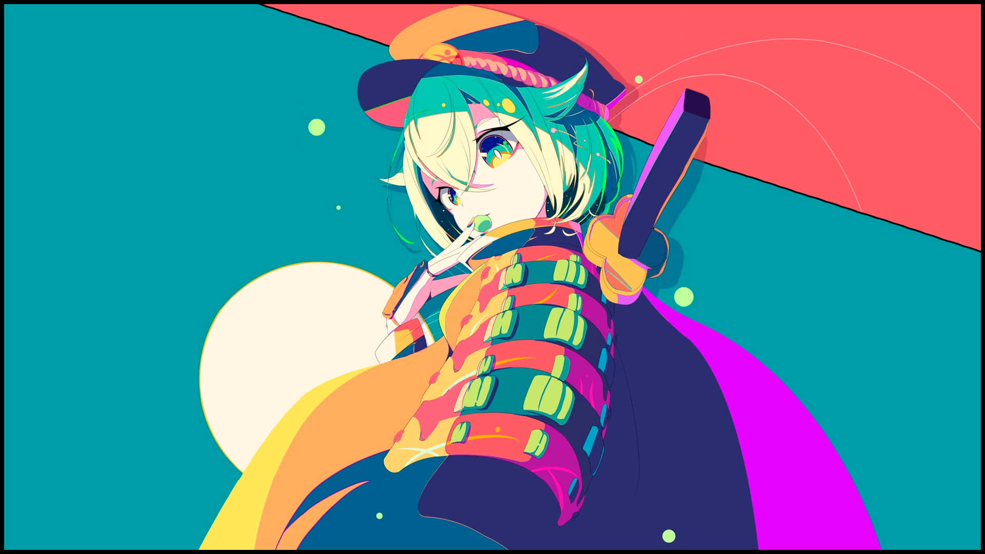 green hair, colorful hat, sword, Full HD Desktop Wallpaper