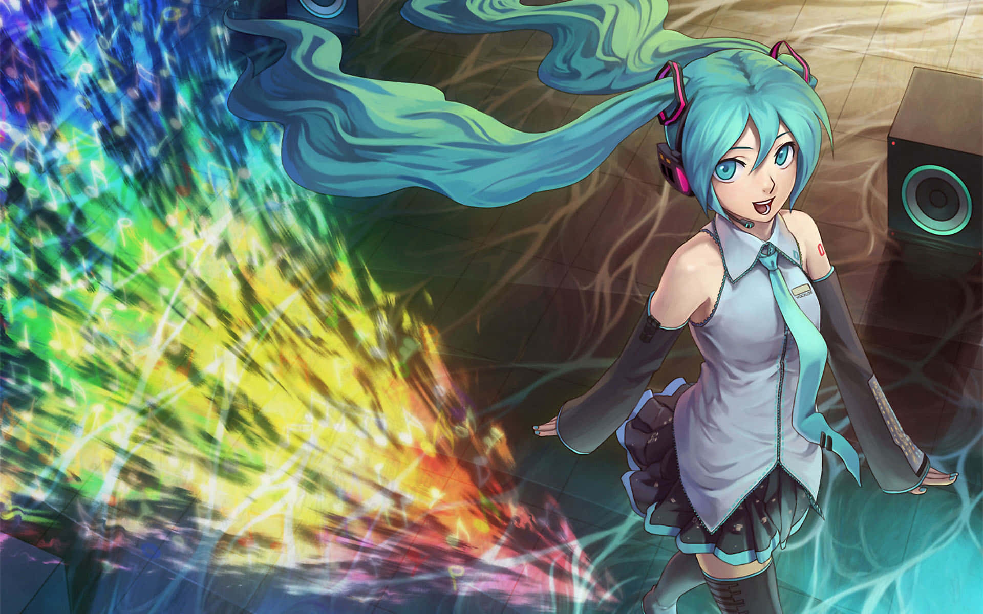 anime girl, turquoise pigtails, headphones, Full HD Desktop Wallpaper