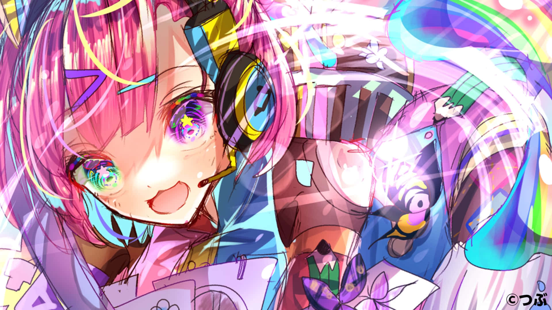 colorful anime, pink hair, glowing eyes, Full HD Desktop Wallpaper