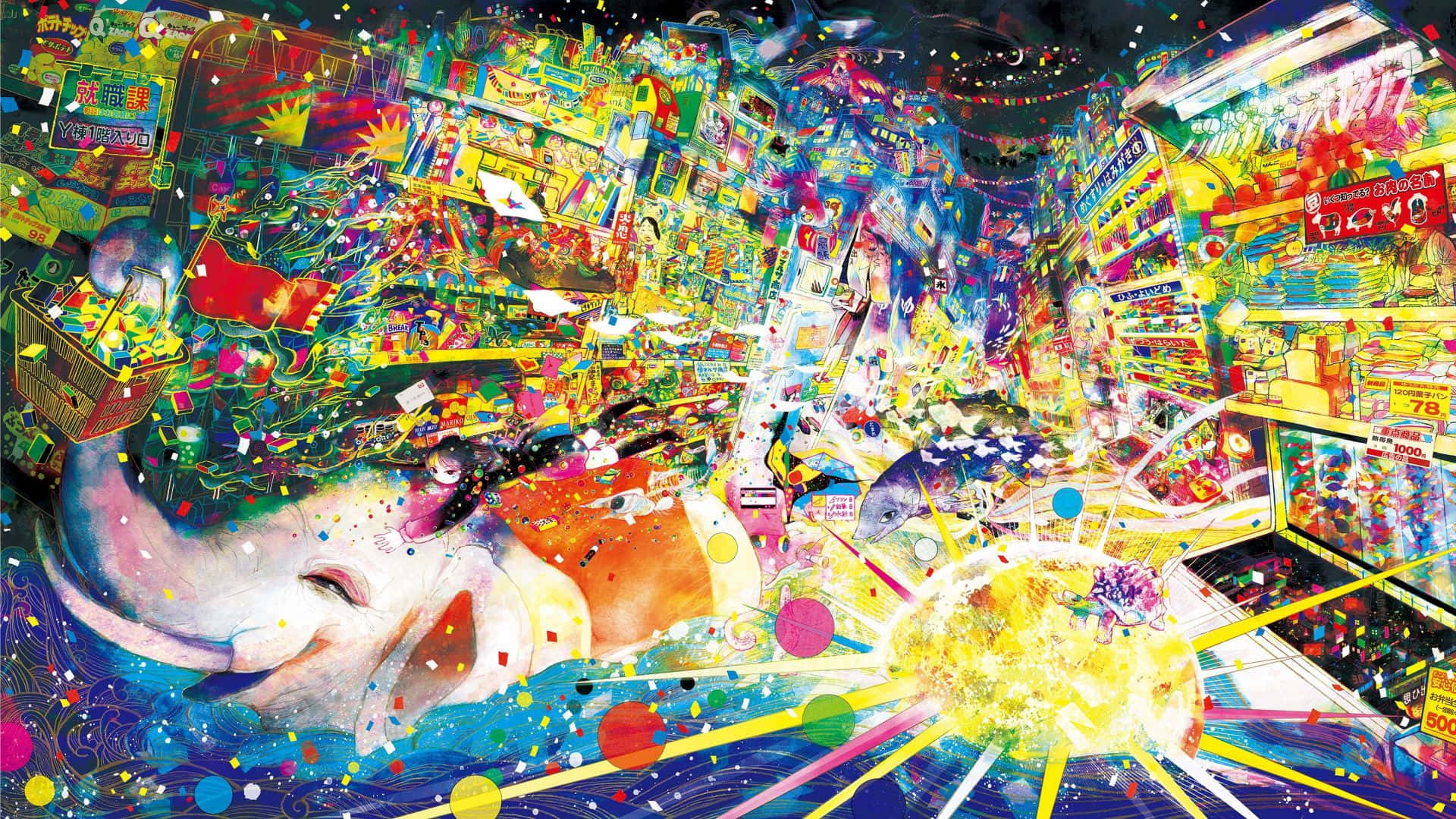 Colorful Anime Tumbler Happy, neon colors, Japanese arcade imagery, Full HD Desktop Wallpaper