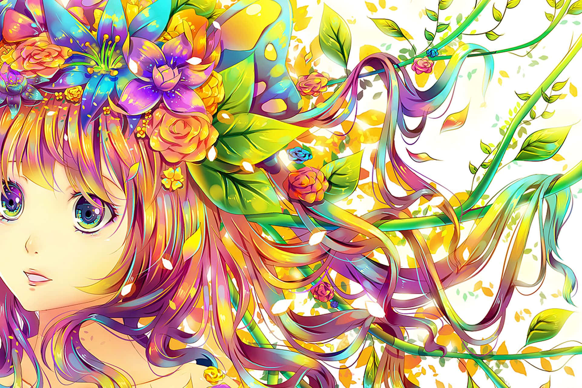 Athat Original Girl, rainbow hair, colorful flowers, Full HD Desktop Wallpaper