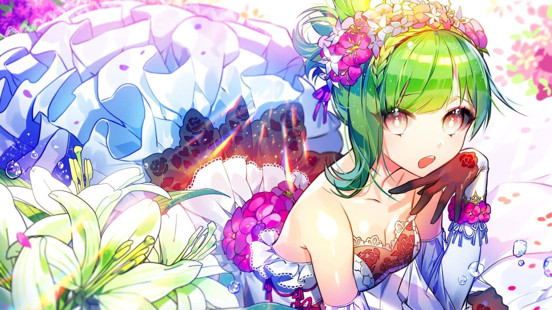anime girl, green hair, floral crown, Full HD Desktop Wallpaper