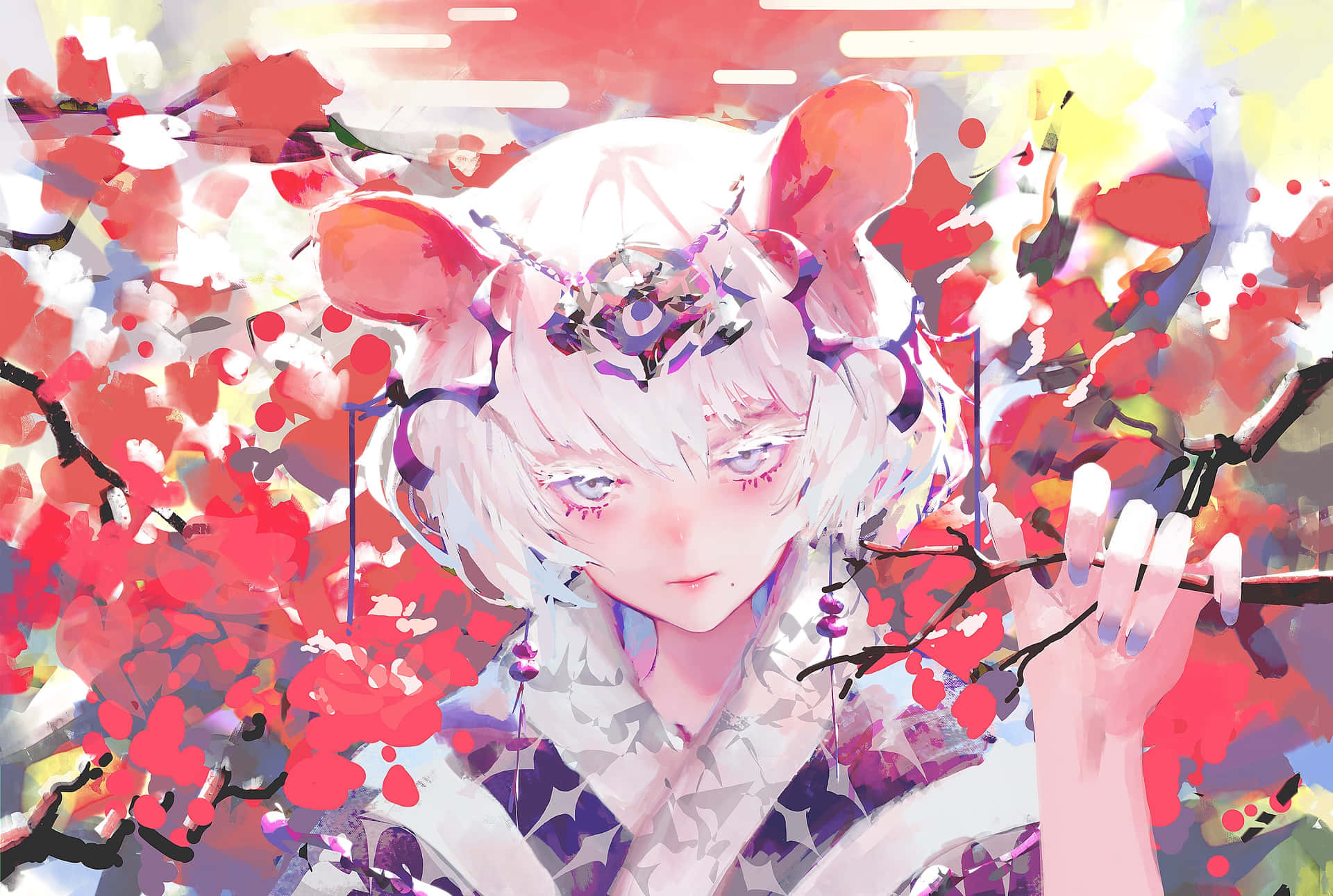 anime girl, bunny ears, cherry blossom branch, Full HD Desktop Wallpaper