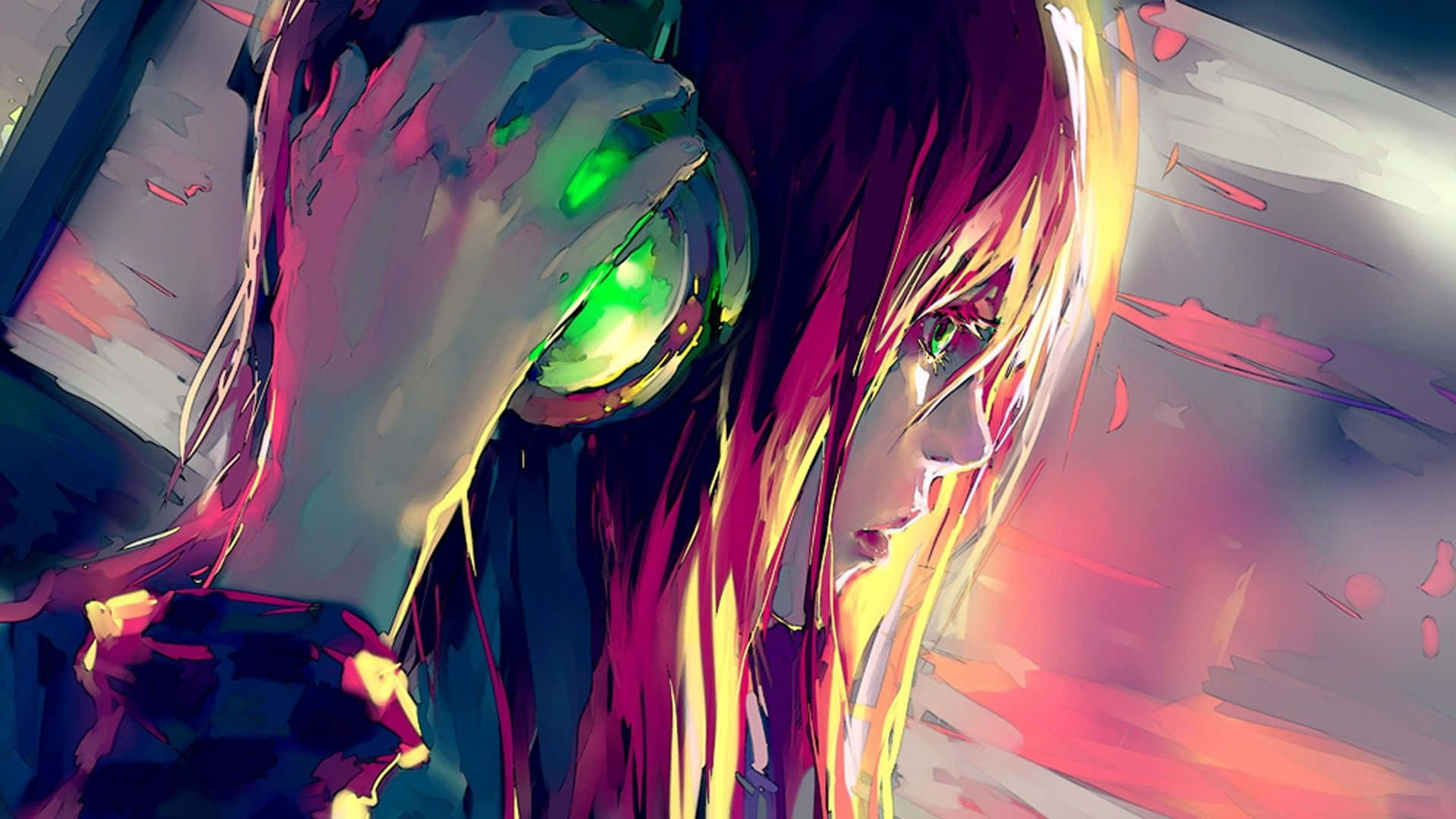 Palm Tree Music Art, colorful anime, glowing green eyes, Full HD Desktop Wallpaper