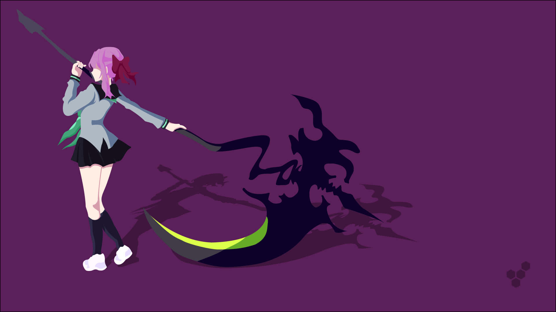 pink-haired anime girl, school uniform, glowing scythe, Full HD Desktop Wallpaper