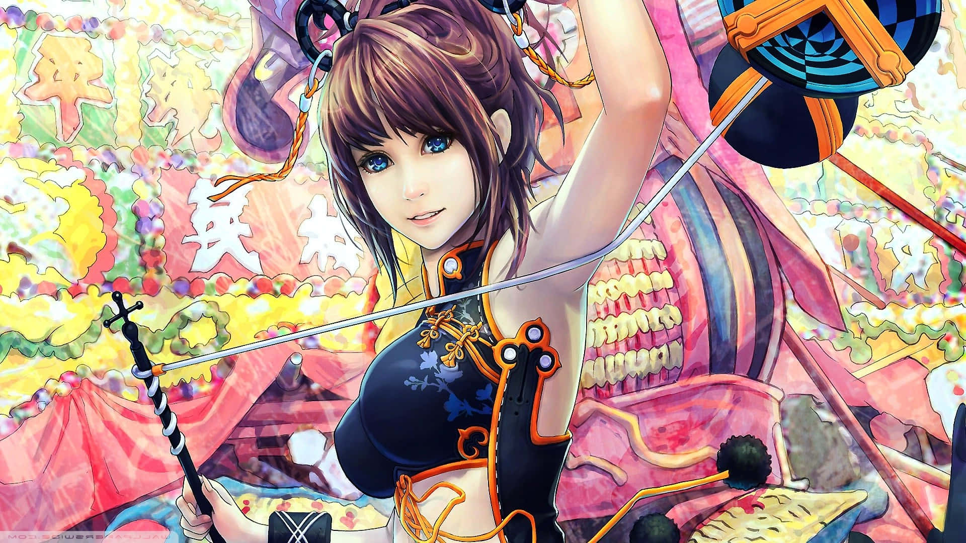 bikini bondage colorful anime, vibrant anime girl, black and gold outfit, Full HD Desktop Wallpaper