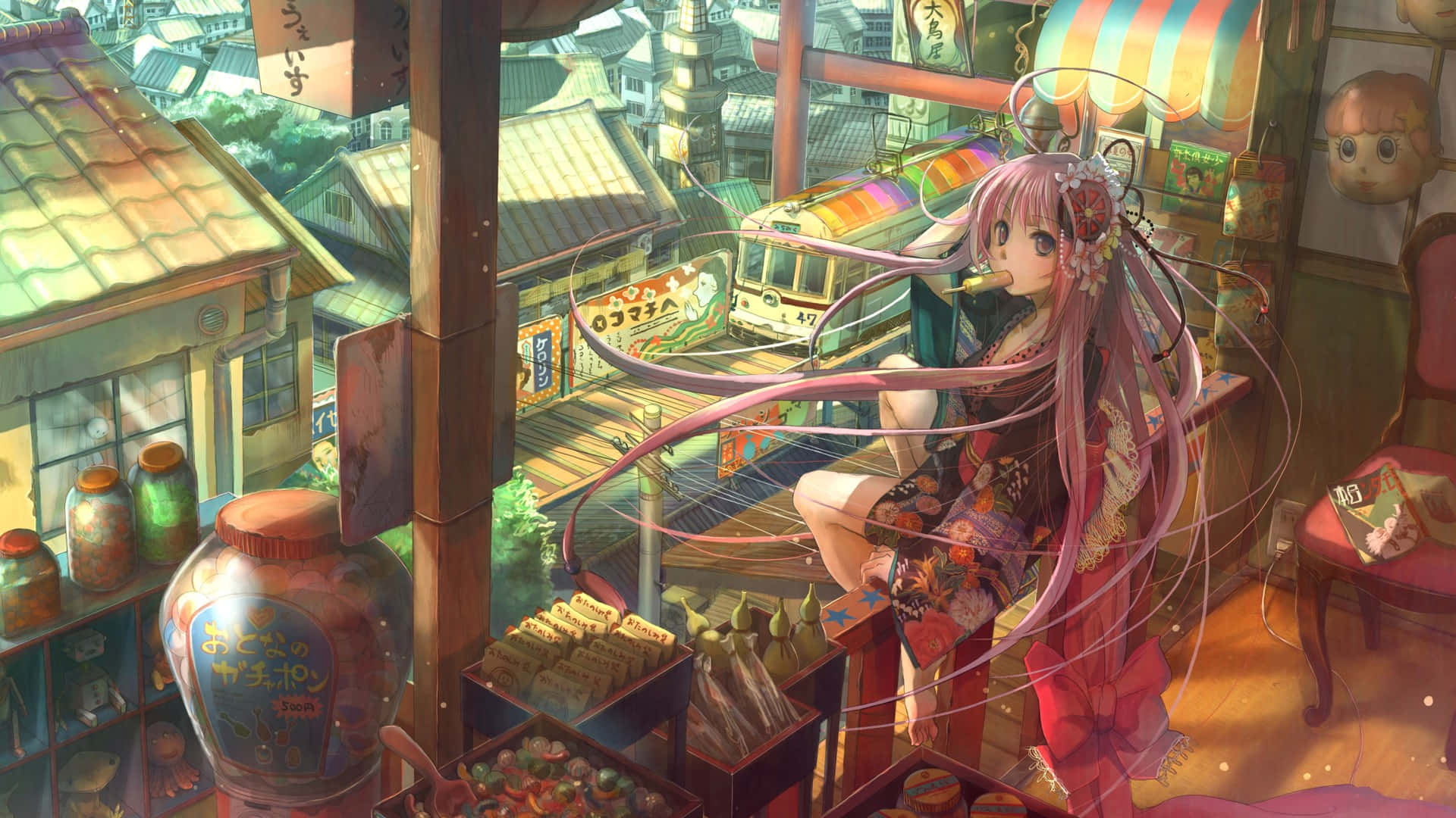 pink-haired anime girl, floral kimono, Japanese street, Full HD Desktop Wallpaper