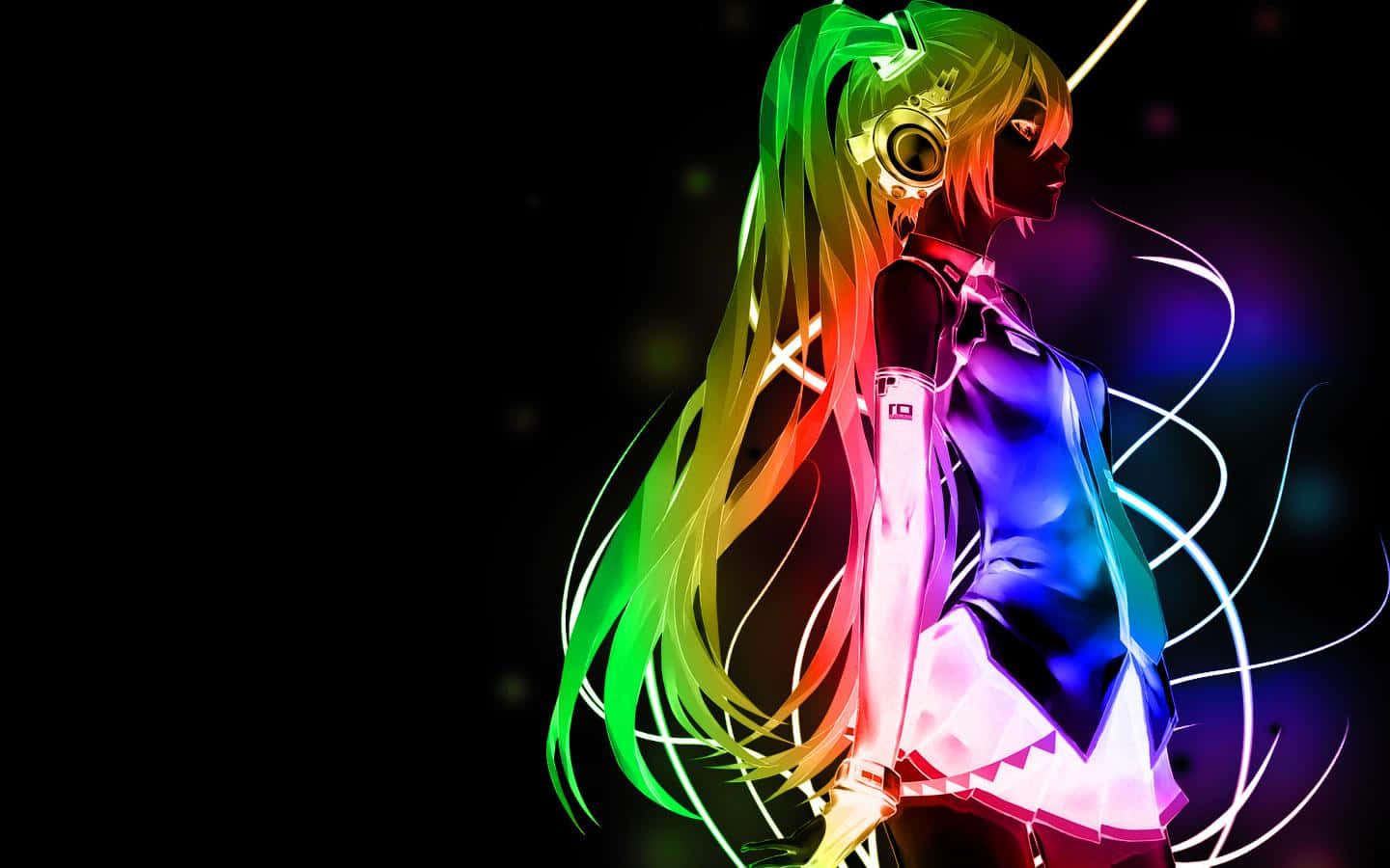 rainbow hair, glowing headphones, neon light trails, HD Desktop Wallpaper