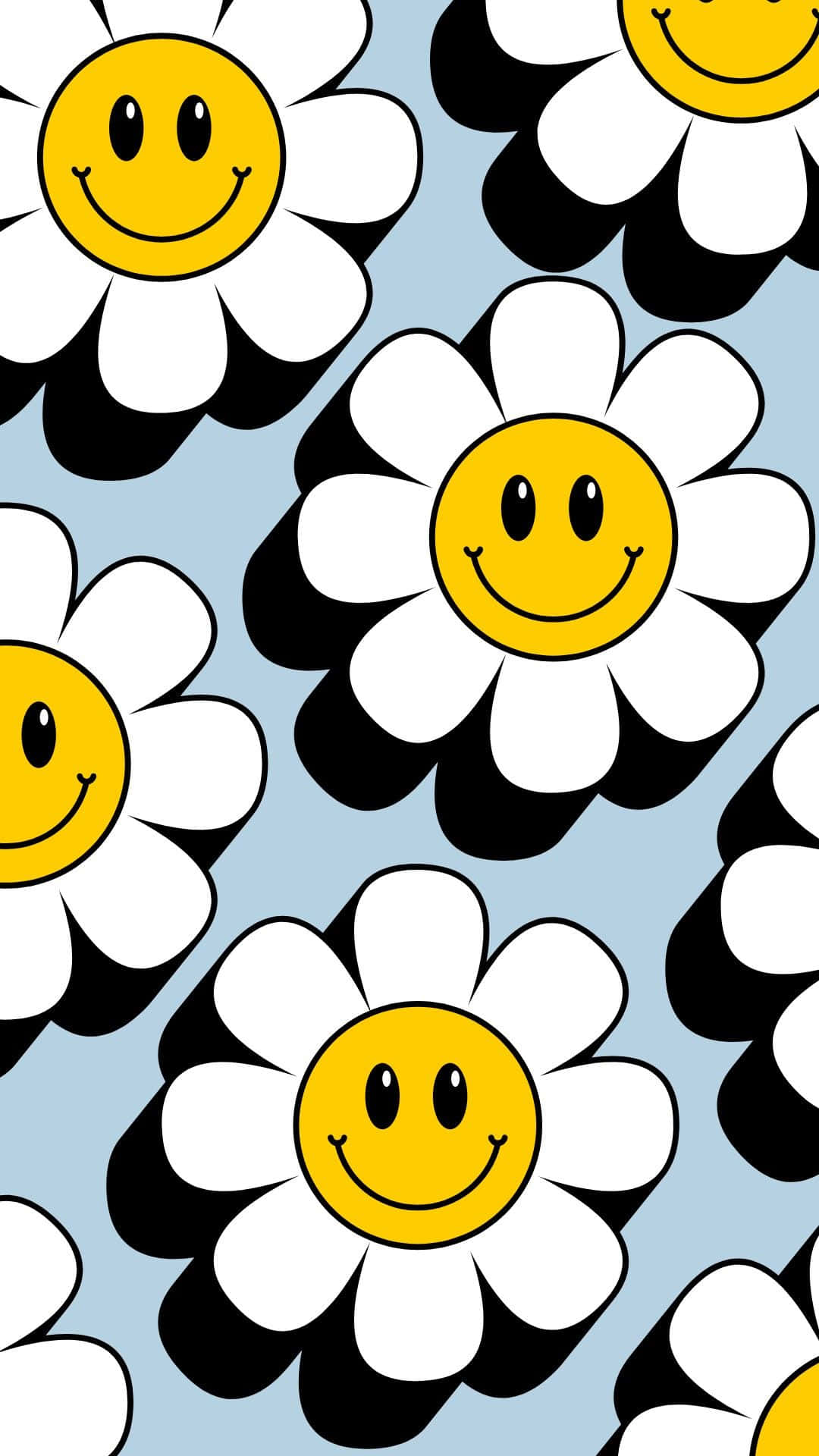 smiley daisy pattern, yellow smiley face daisies, white petals, Full HD Phone Wallpaper