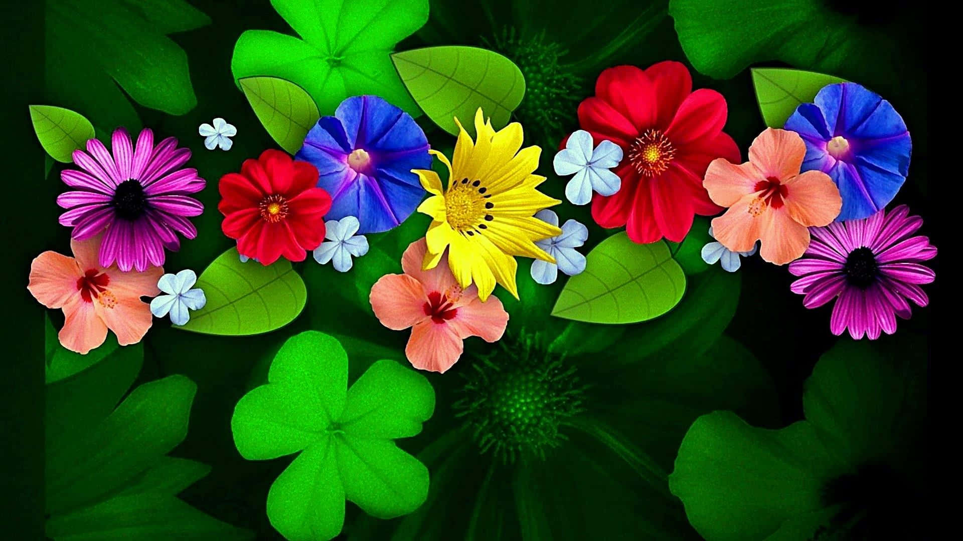 vibrant colorful flowers, multicolored flowers, lush green leaves, Full HD Desktop Wallpaper
