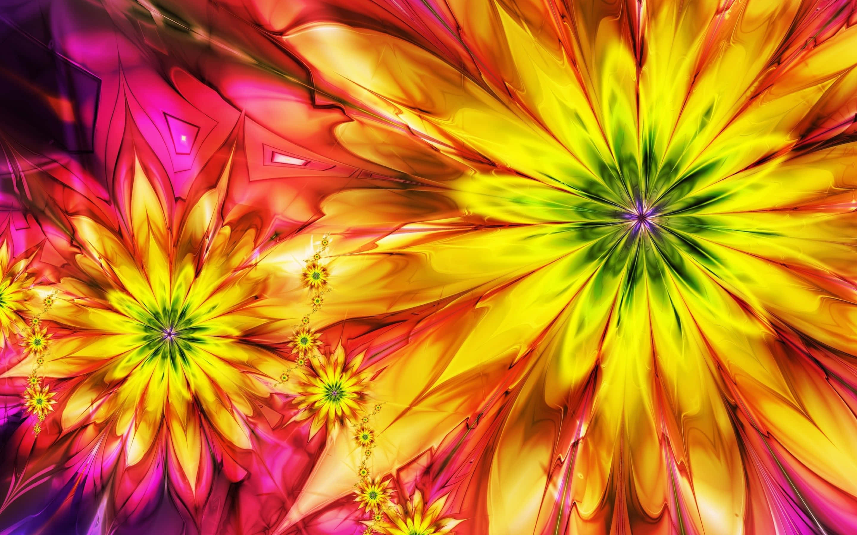 colorful flowers, fractal flowers, radiant yellows, 2K Desktop Wallpaper