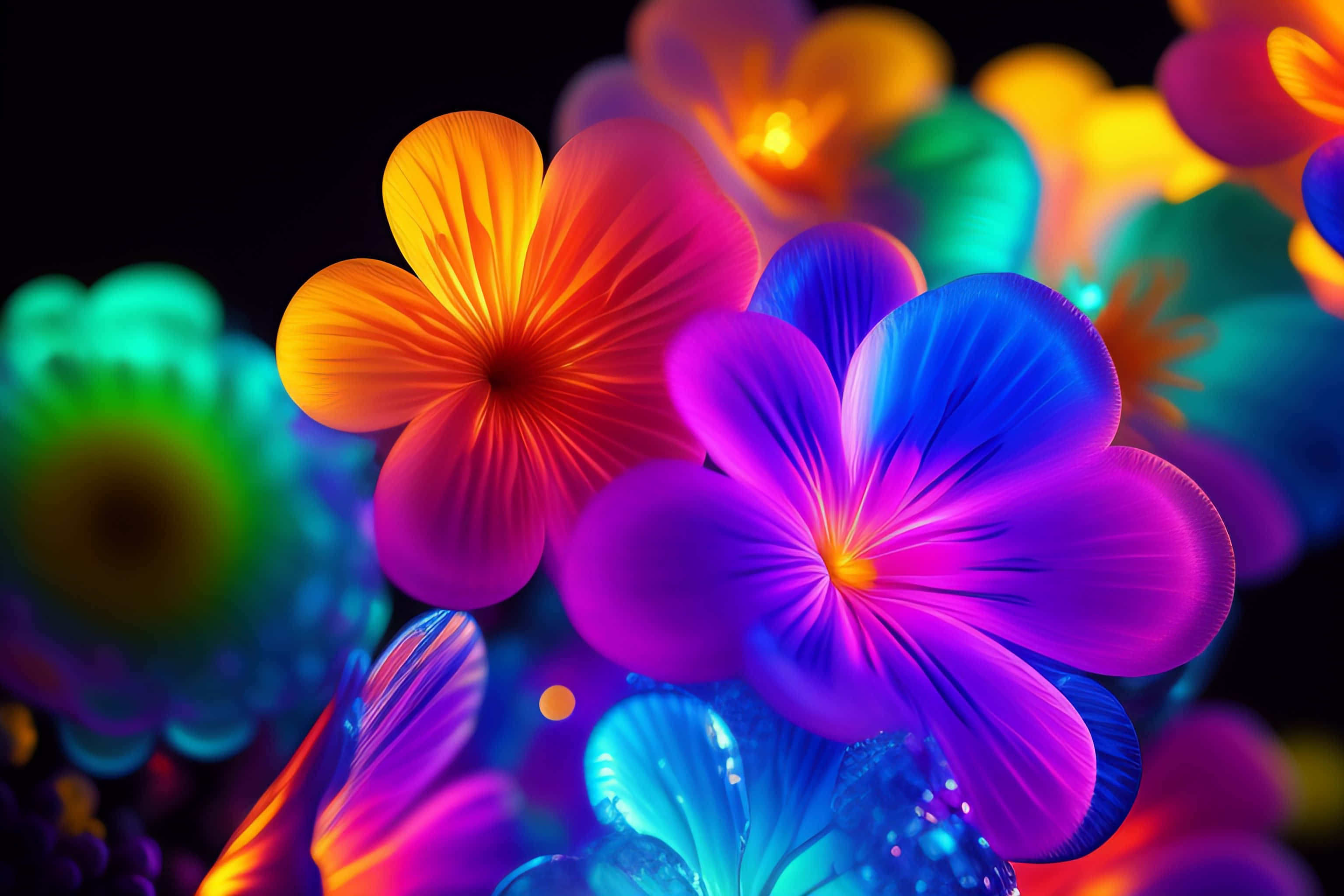 colorful flowers, electric hues, dark background, 2K Desktop Wallpaper