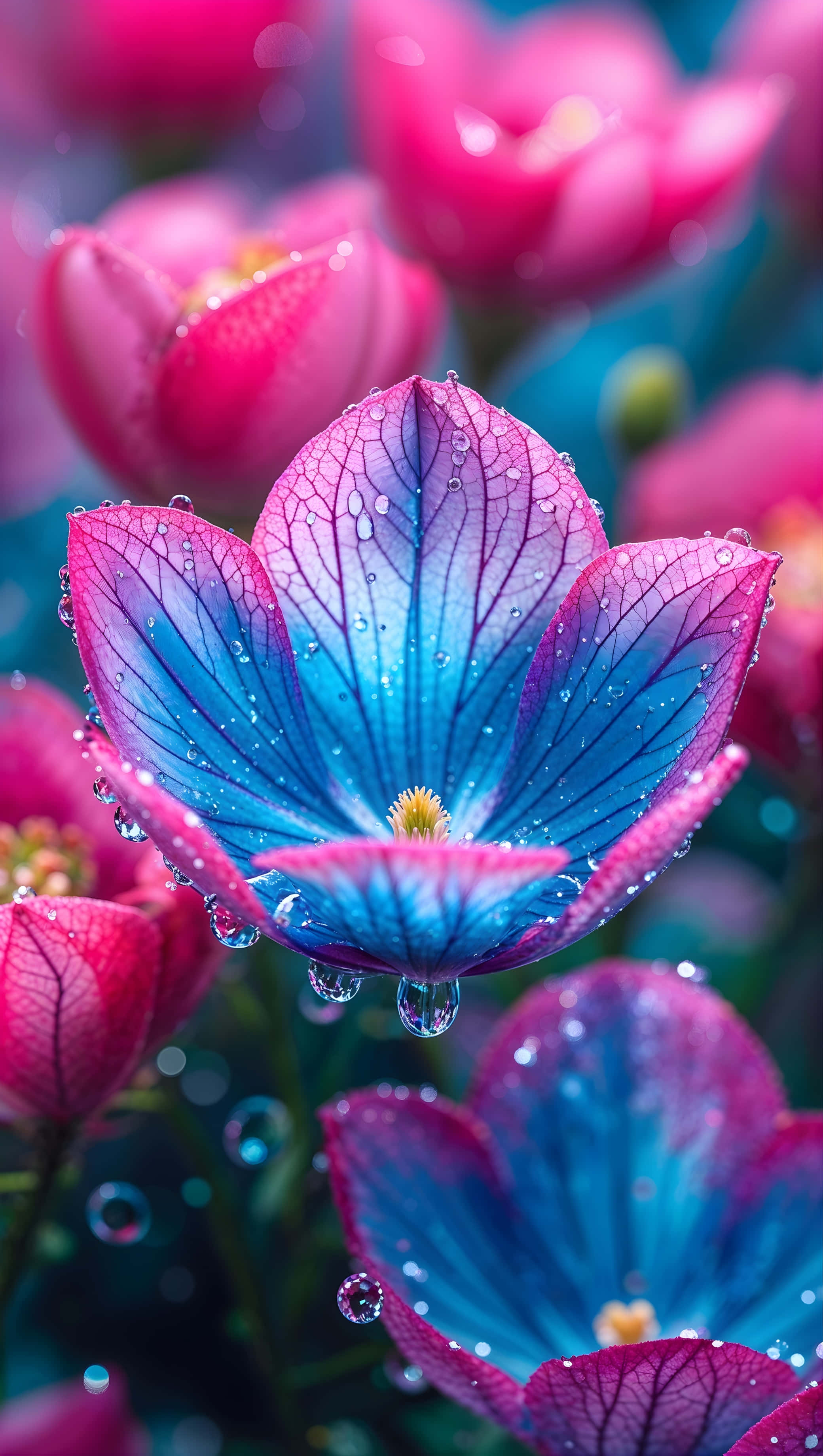 vibrant pink blue flower, water droplets, soft blurred background, 2K Phone Wallpaper