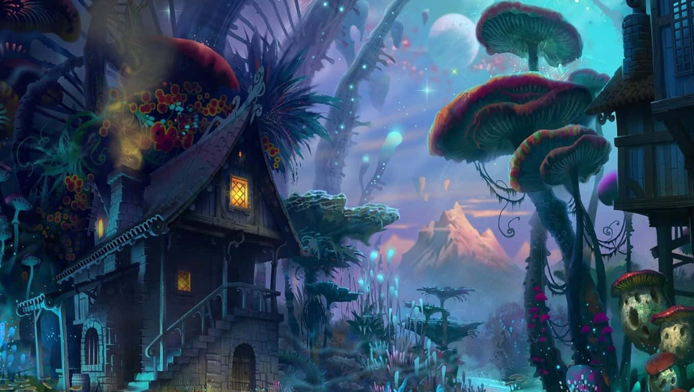 Colorful Flowers, giant glowing mushrooms, twilight sky, HD Desktop Wallpaper