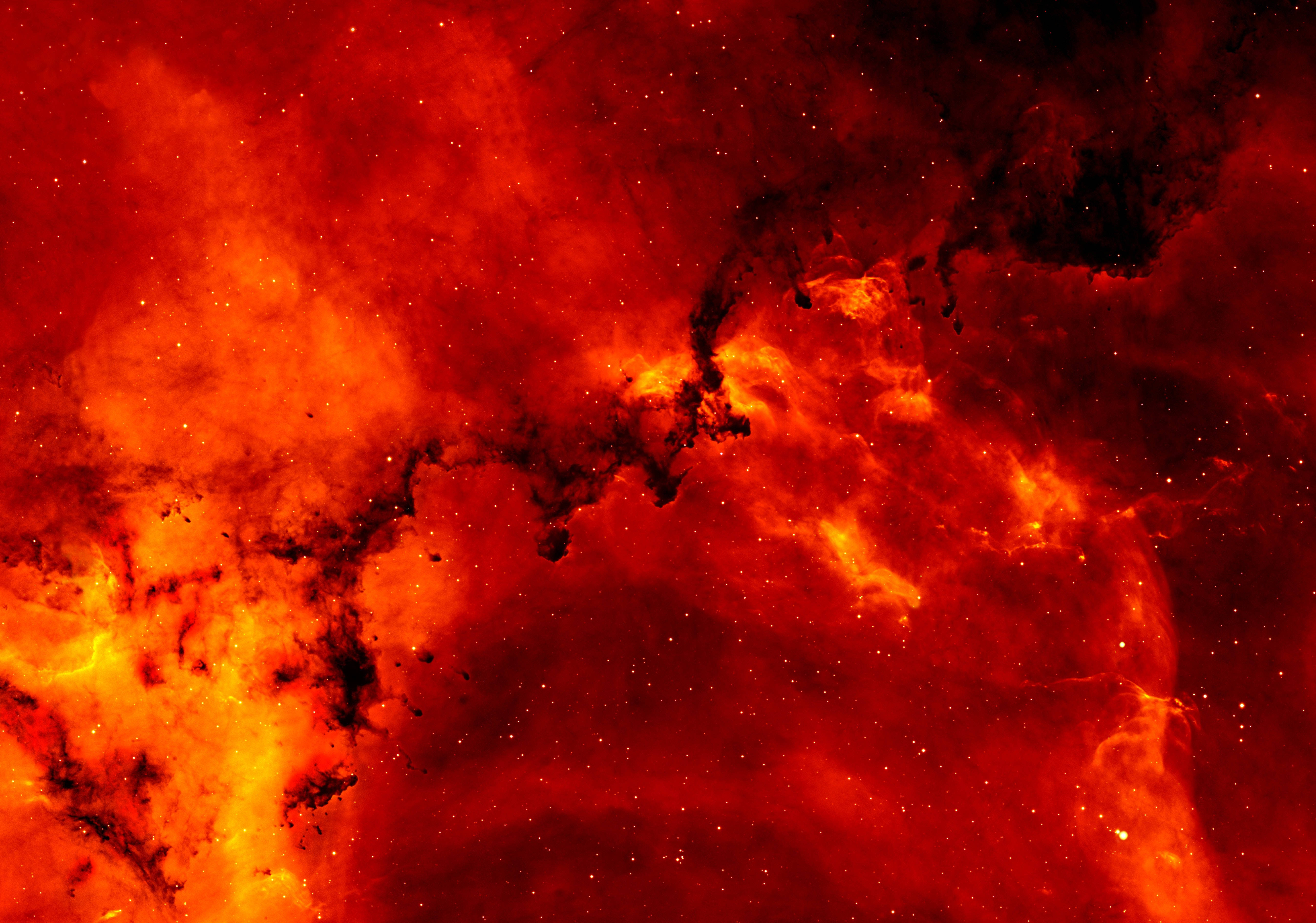 solar flares, vibrant red and orange cosmic nebula, swirling gas clouds, 5K Desktop Wallpaper