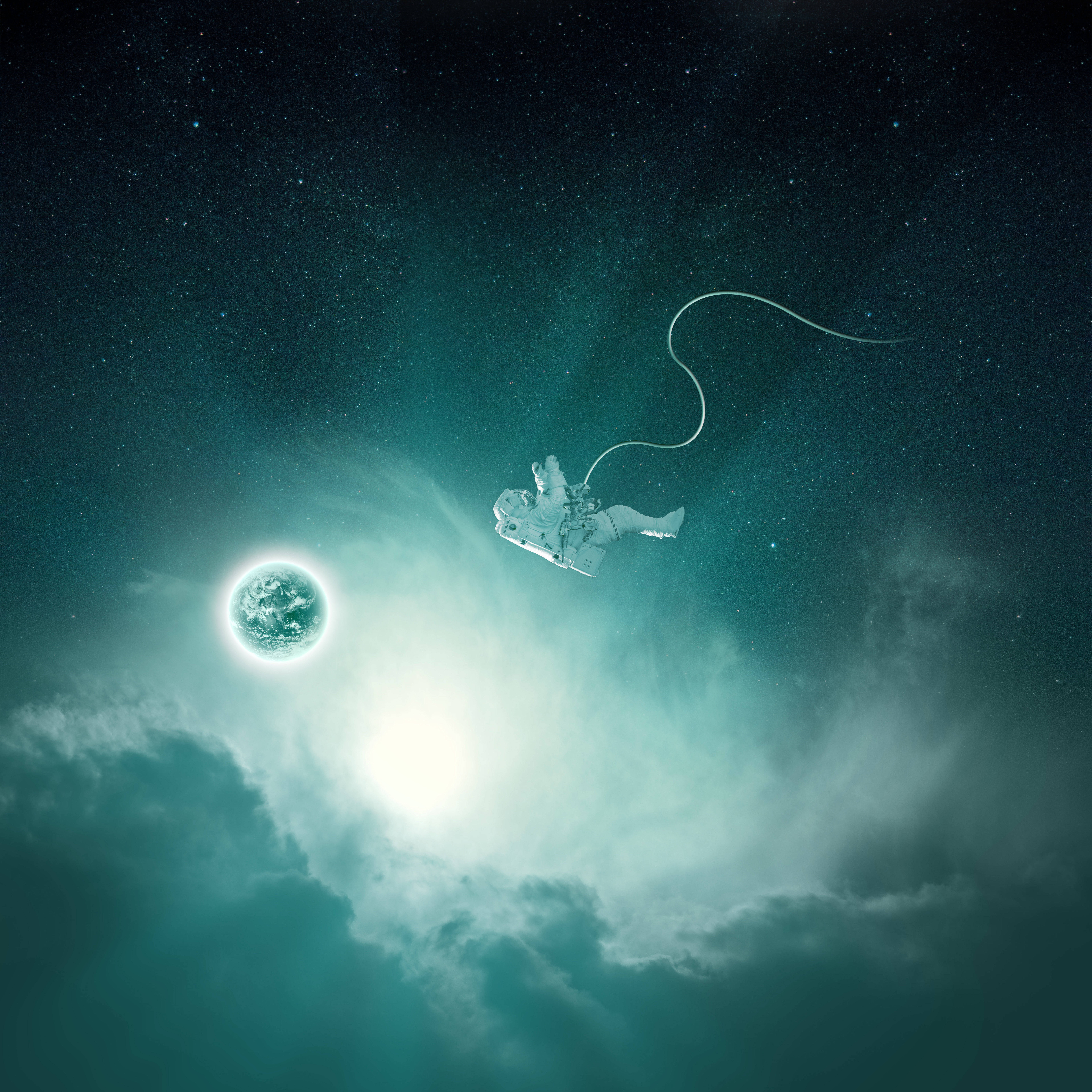 astronaut, teal-hued space, Earth, 5K Desktop Wallpaper