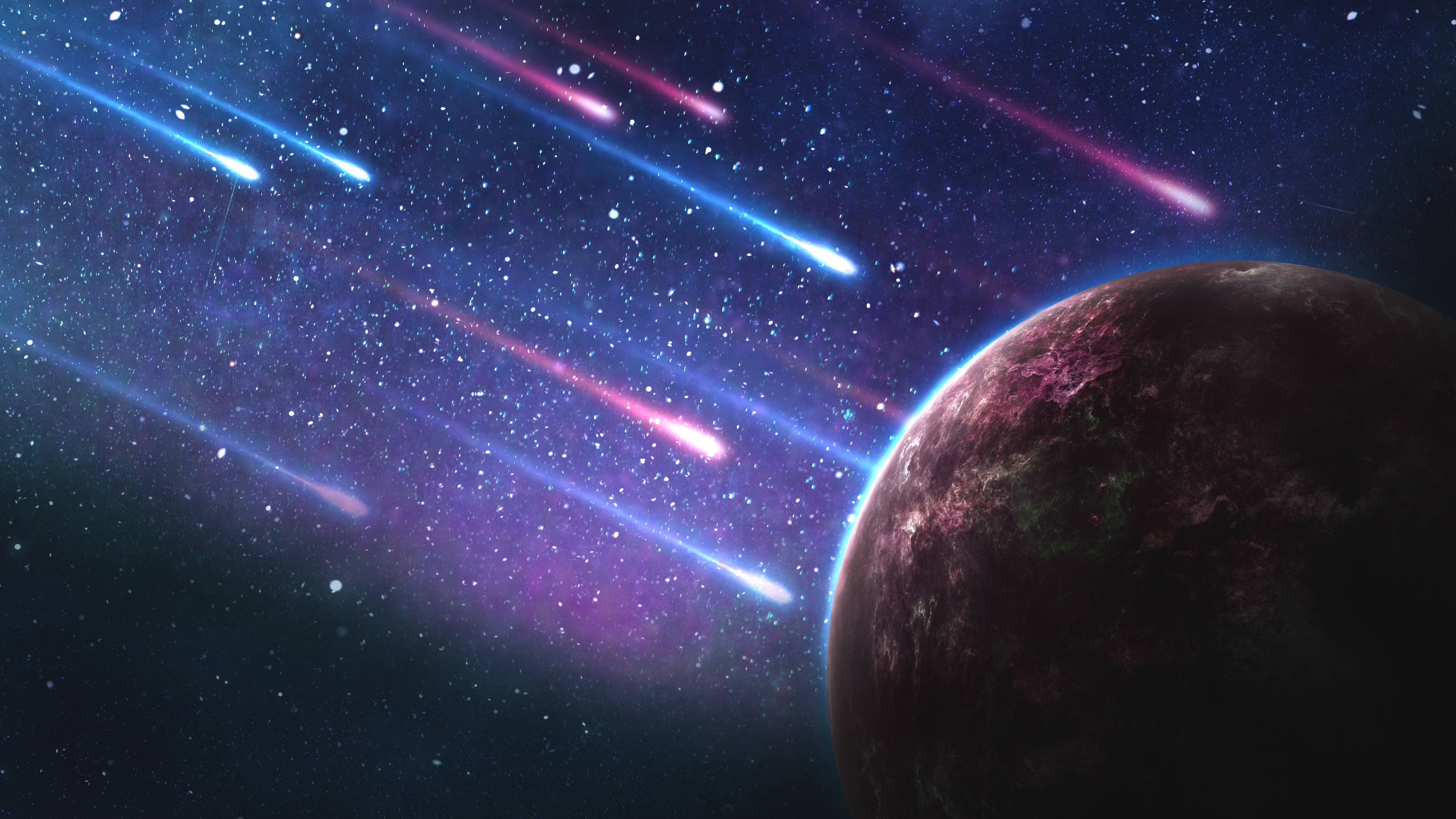 Colorful Galaxy, planet, blue meteors, 4K Desktop Wallpaper