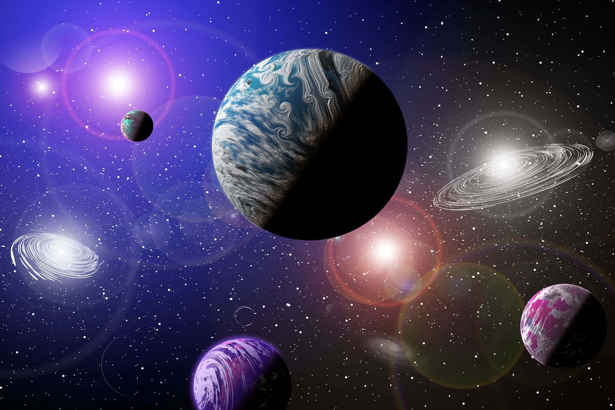 galaxy themed paintings, swirling planets, glowing stars, Full HD Desktop Wallpaper
