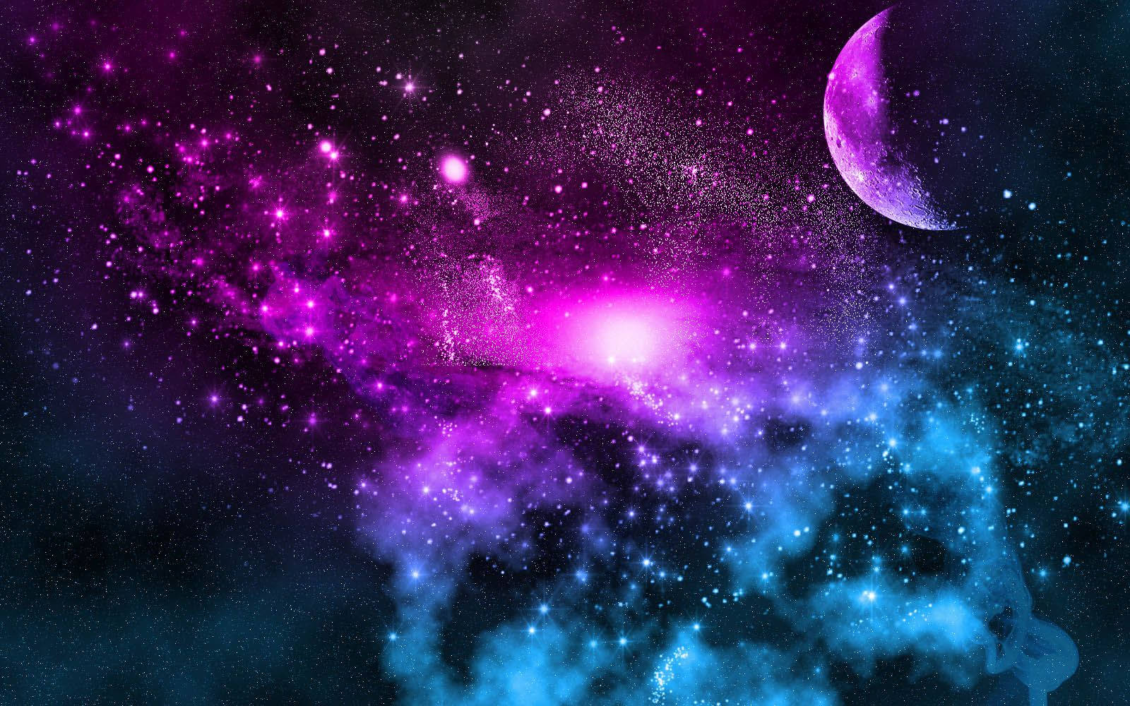 crescent moon, purple, swirling pink and blue nebulae, HD Desktop Wallpaper