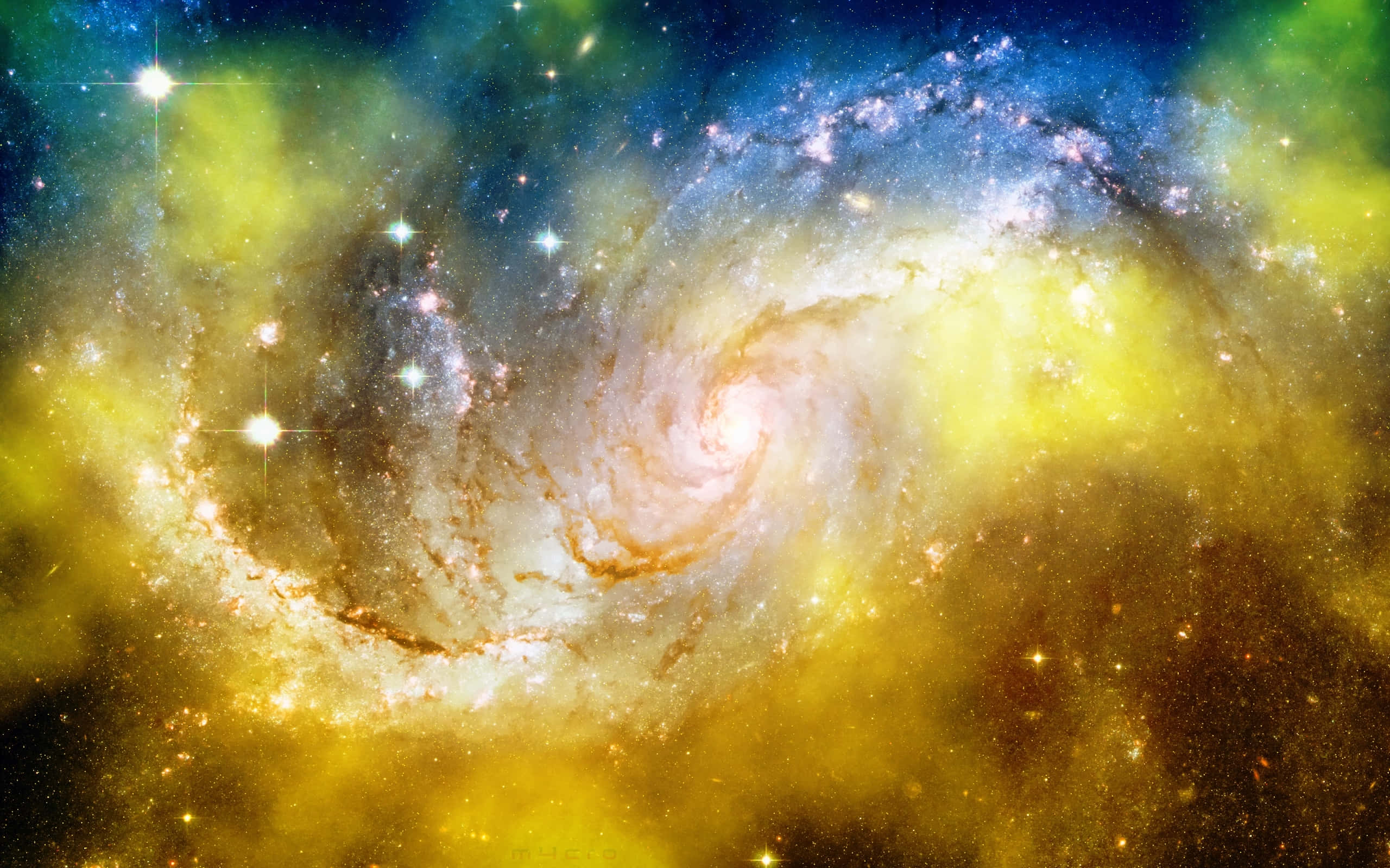 yellow galaxy, golden yellow, blue nebulae, 2K Desktop Wallpaper