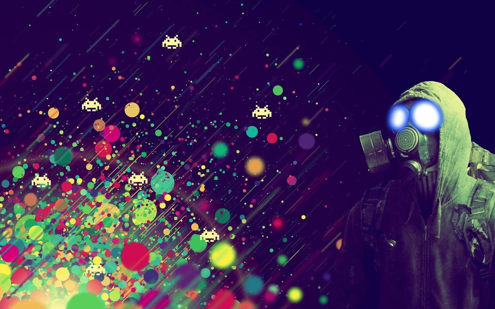 Colorful Gaming, gas-masked figure, cosmic backdrop, Full HD Desktop Wallpaper