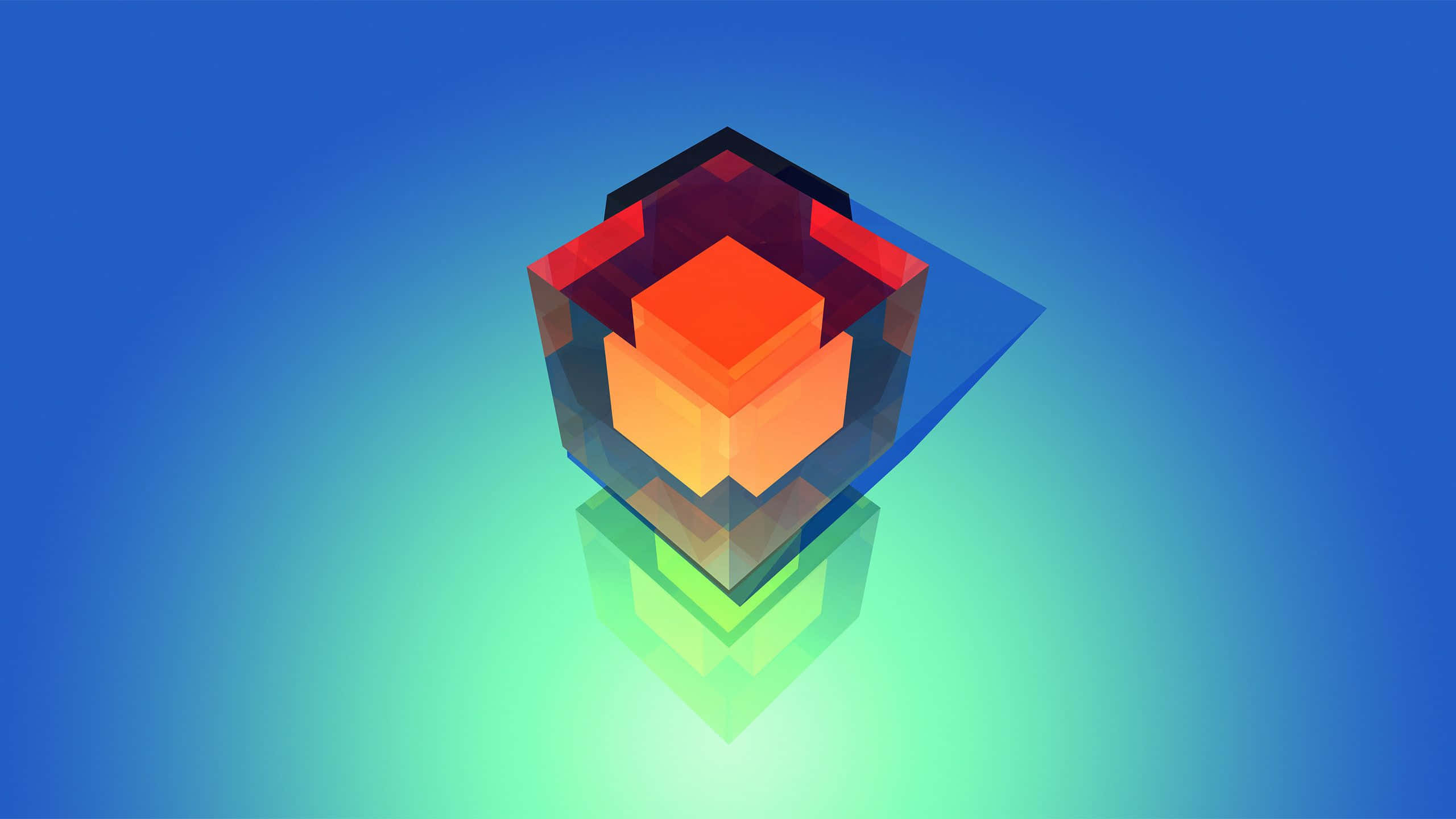 glowing isometric cube, gradient orange red hues, mirrored surface, 2K Desktop Wallpaper