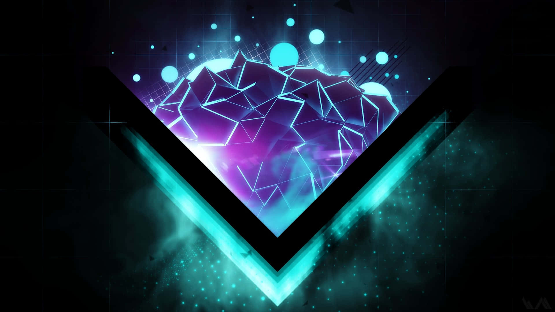 neon V-shape, glowing geometric mountain peak, dark cosmic background, Full HD Desktop Wallpaper