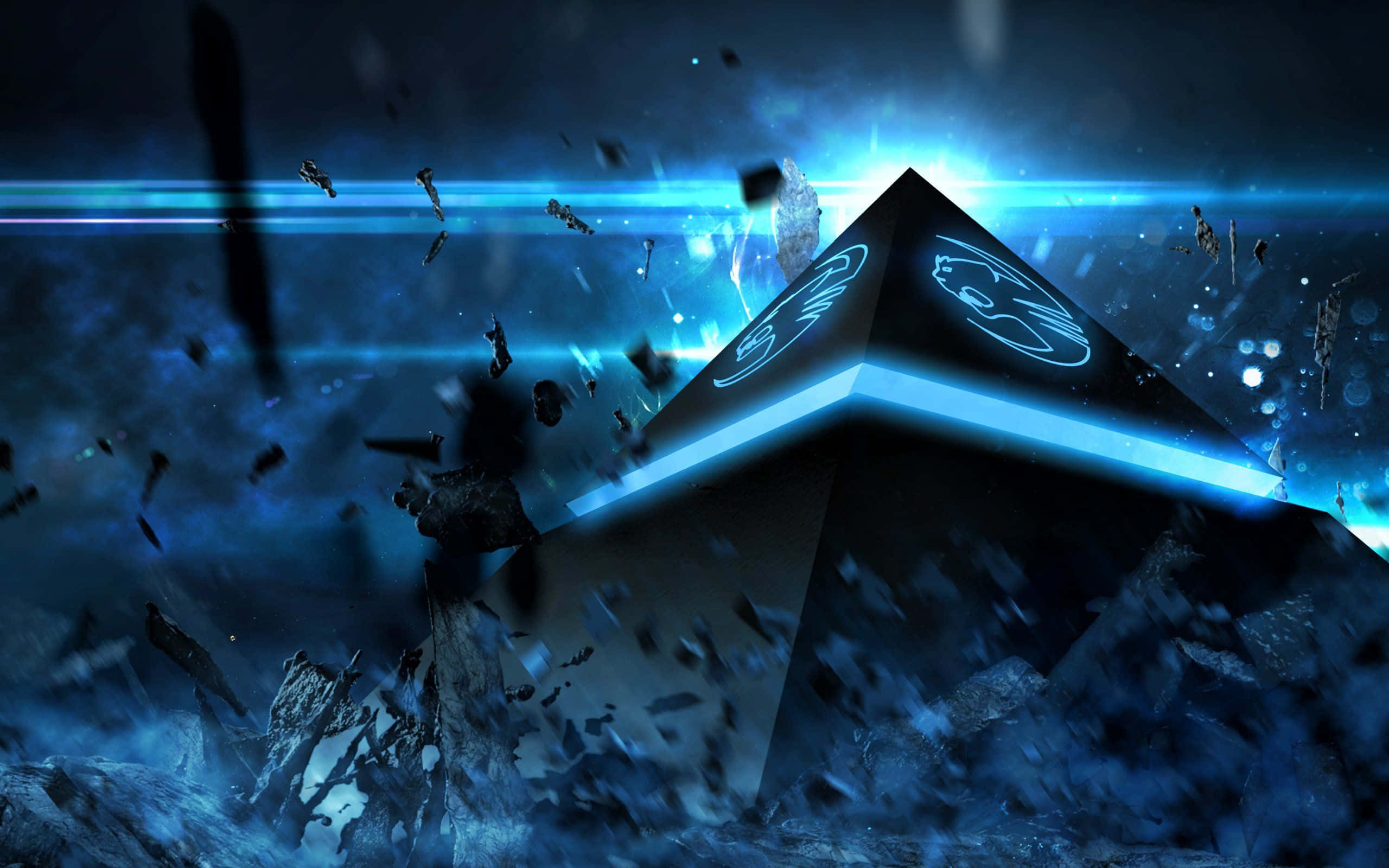 blue light, pyramid, shattered rock, 2K Desktop Wallpaper