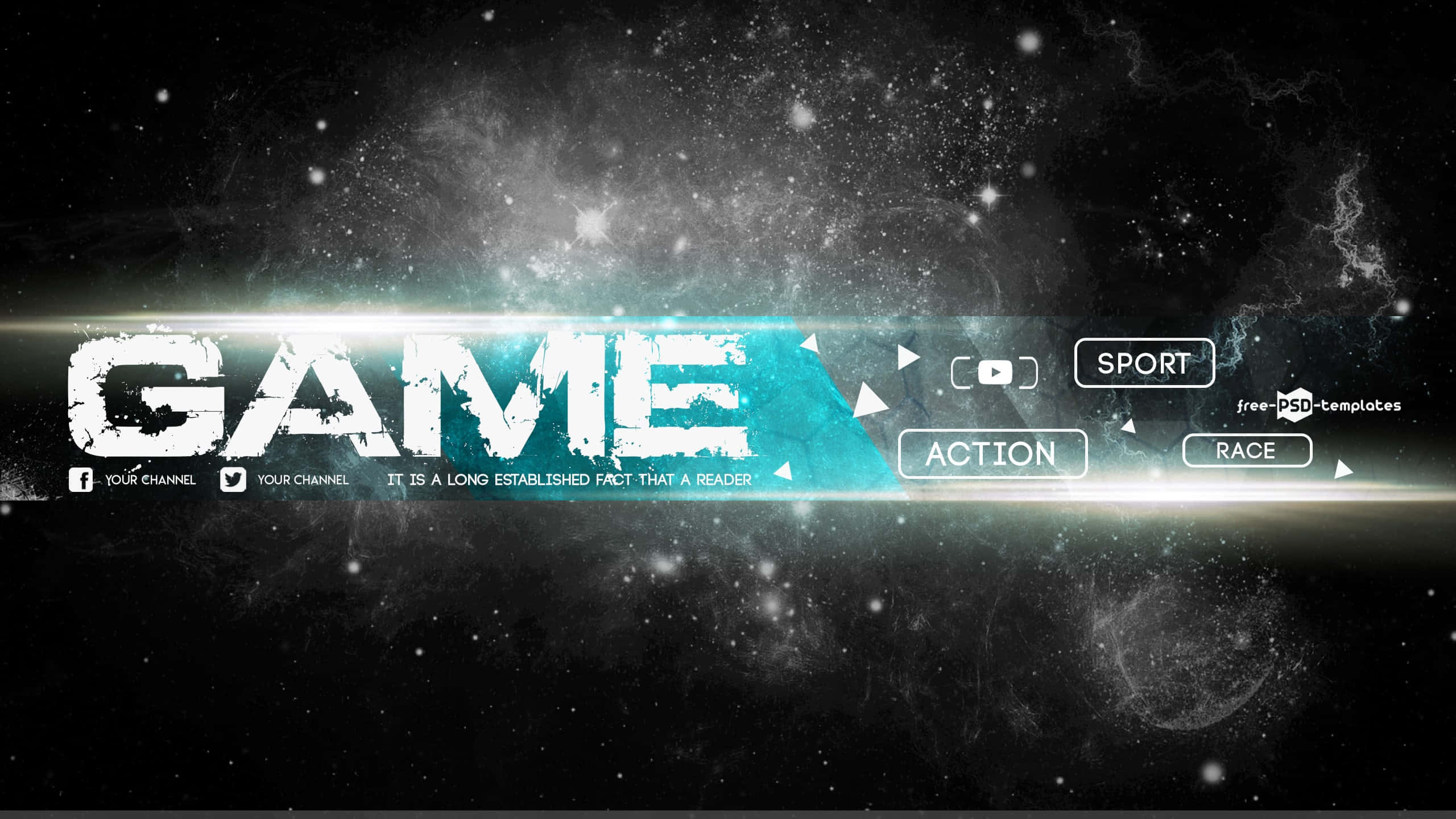 cosmic starfield, teal light streaks, gaming genre tags, 2K Desktop Wallpaper