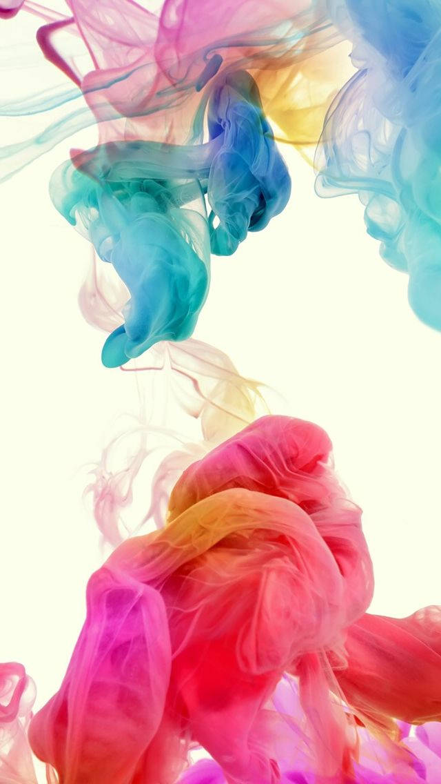 Colorful iPhone 5s, vibrant swirling clouds of colored ink, soft white background, SD Phone Wallpaper