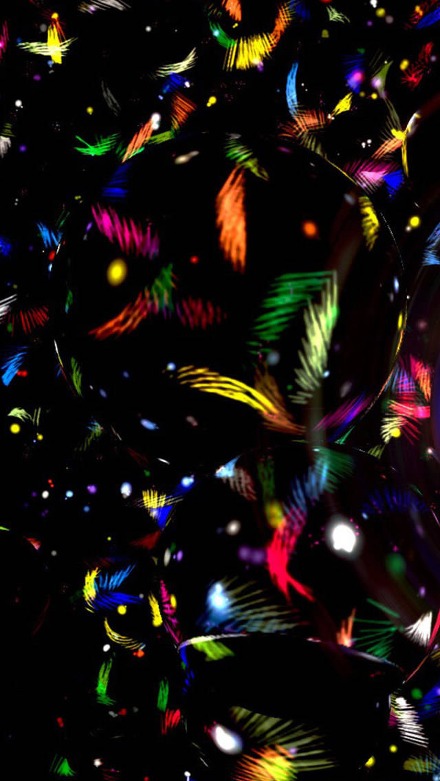 Colorful iPhone 5s, neon feathers, glowing orbs, SD Phone Wallpaper