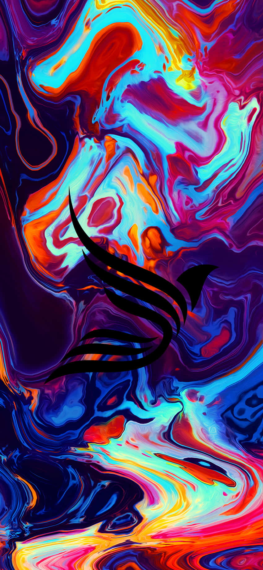Colorful Oled, psychedelic fluid background, black stylized bird silhouette, HD Phone Wallpaper
