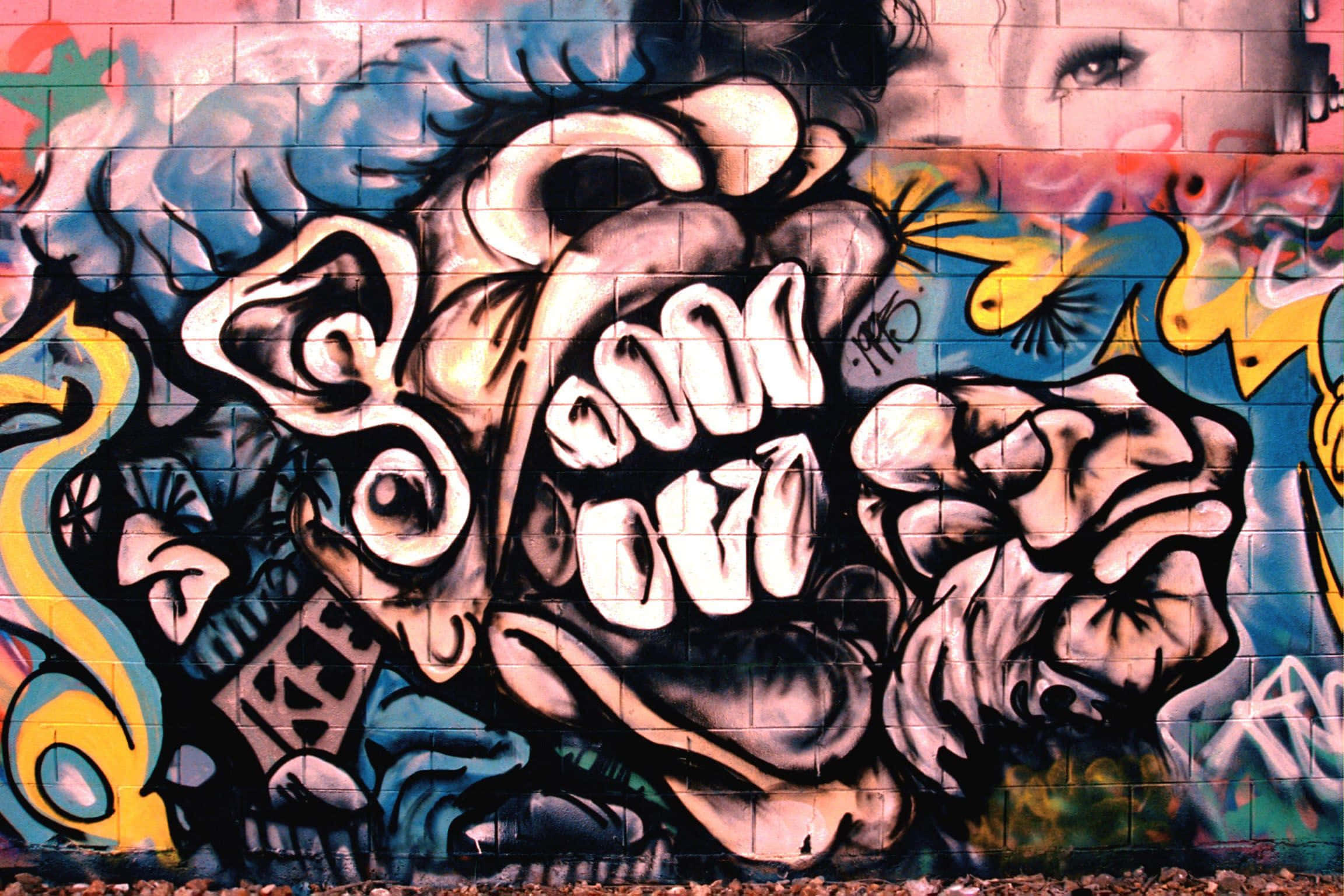 graffiti wall art, monster head, roaring face, Full HD Desktop Wallpaper