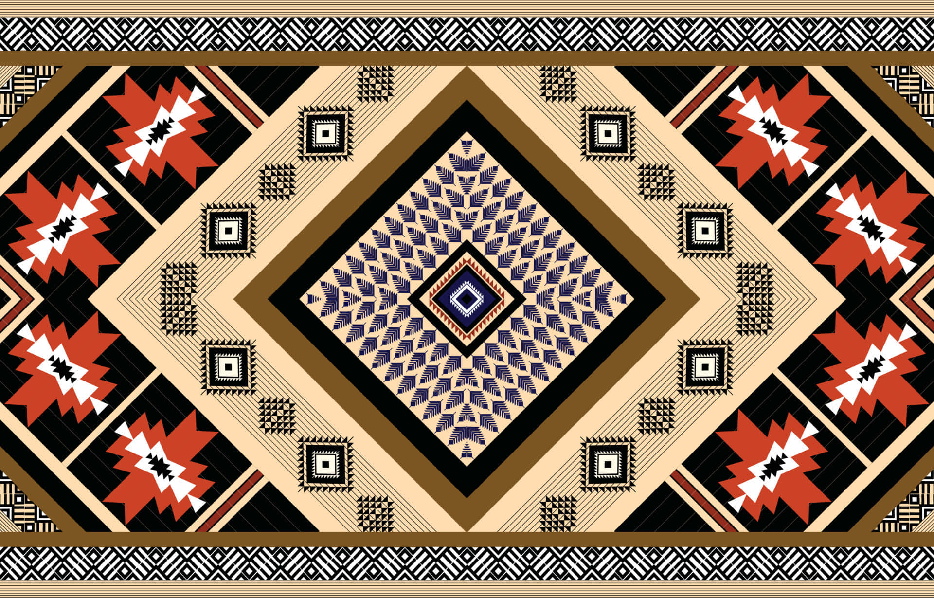 symmetrical geometric patterned rug, bold red black and beige tribal motifs, central diamond, Full HD Desktop Wallpaper