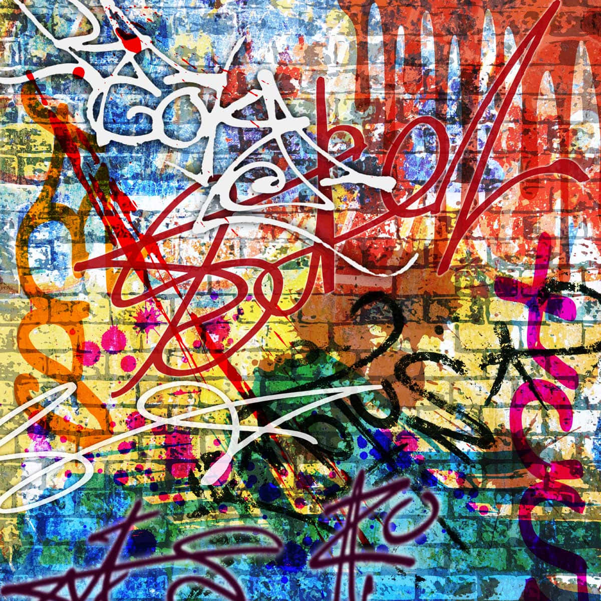 graffiti wall art, red white and purple, weathered brick wall, SD Desktop Wallpaper