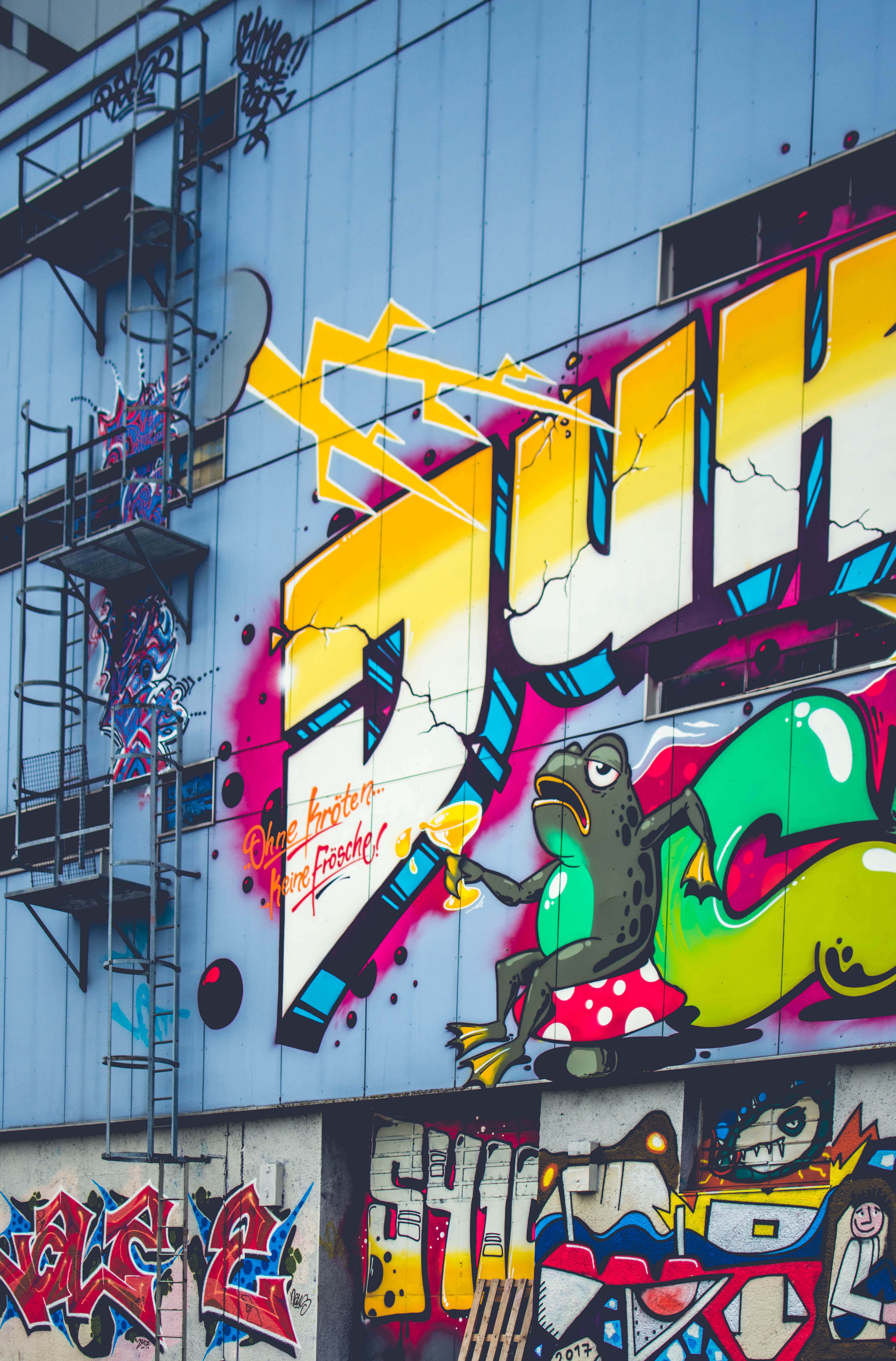 graffiti wall art, building facade, cartoon frog, 5K Phone Wallpaper